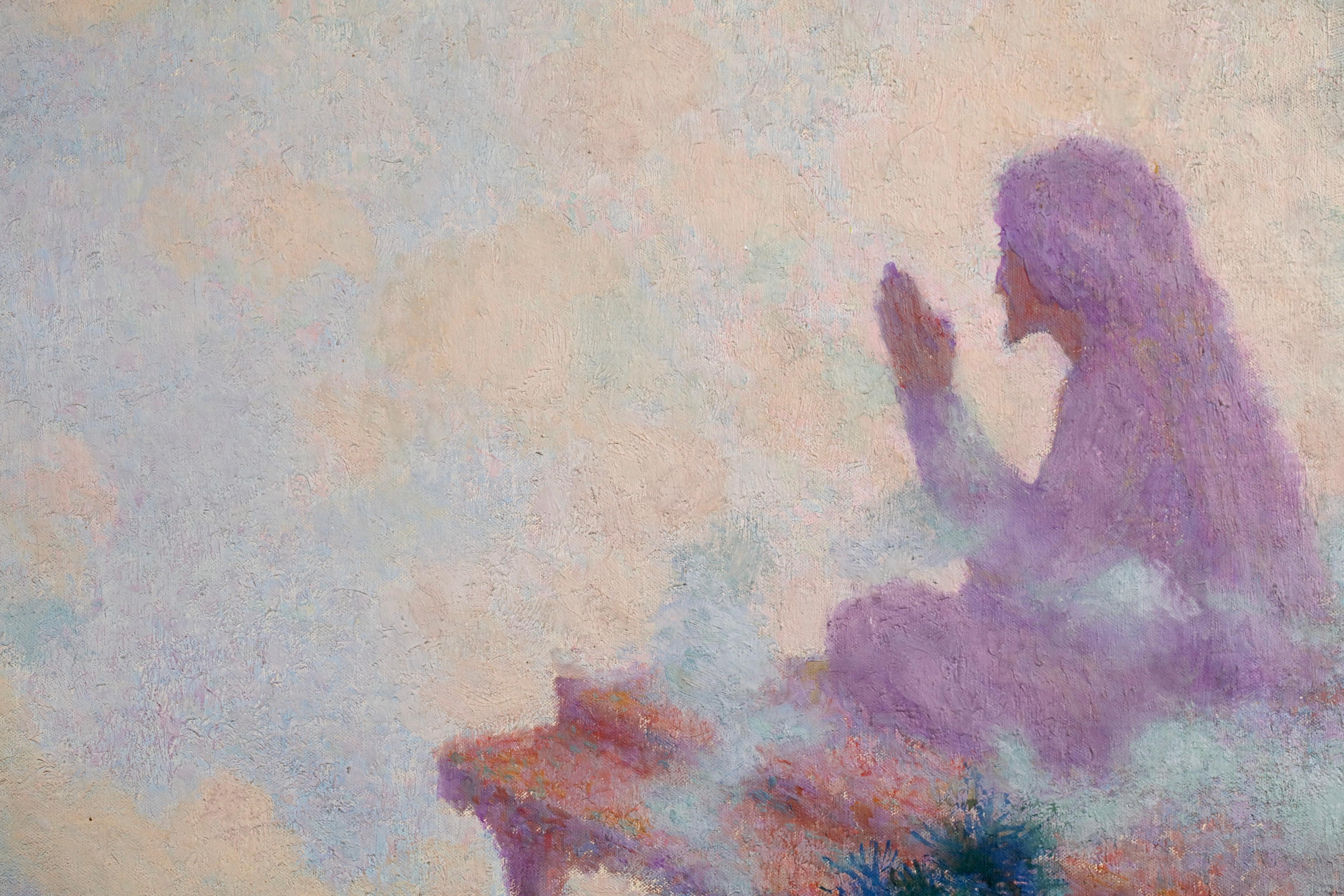Un mystique en prière - Huile figurative post-impressionniste de Lucien Levy-Dhurmer en vente 3