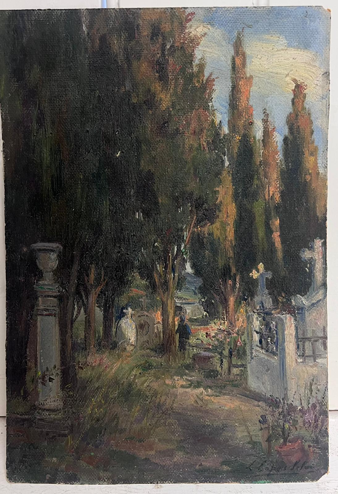 Antique French Impressionist Signed Oil Painting Churchyard with Trees ROYAN - Figurative Painting Nero di Lucien Lopes Silva
