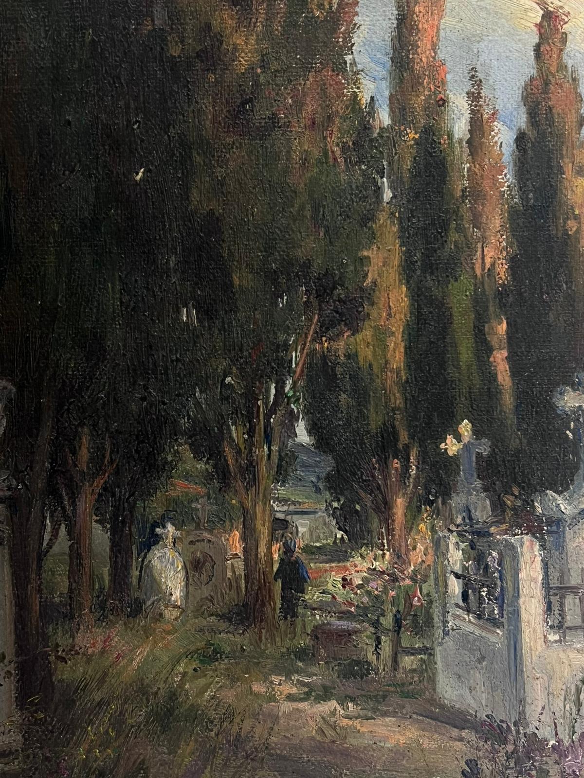 Antique French Impressionist Signed Oil Painting Churchyard with Trees ROYAN 1