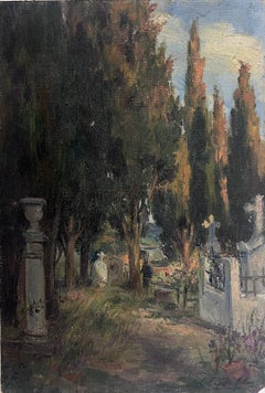 Antique French Impressionist Signed Oil Painting Churchyard with Trees ROYAN