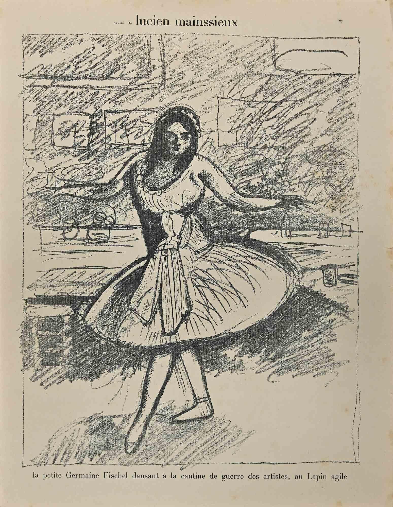 Dancer is an Original Lithograph realized by Lucien Mainssieux.

The artwork is in good condition on a yellowed paper.

Under the drawing there is a description of The little dancer Germaine Fischel dancing in the war artist's cellar.

On the back