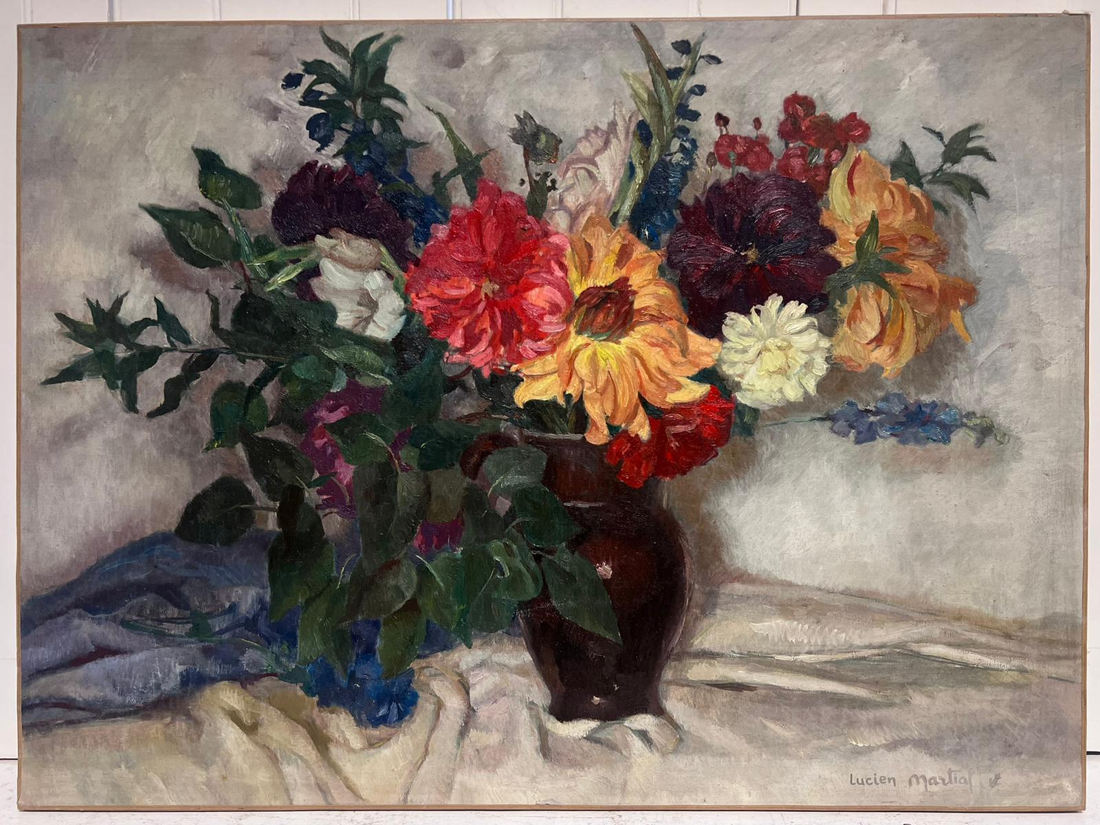 1930's French Impressionist Signed Oil Beautiful Still Life of Flowers & Jug - Painting by Lucien Martial