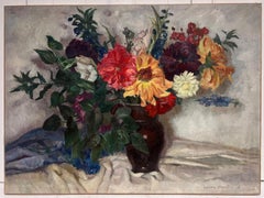 1930's French Impressionist Signed Oil Beautiful Still Life of Flowers & Jug
