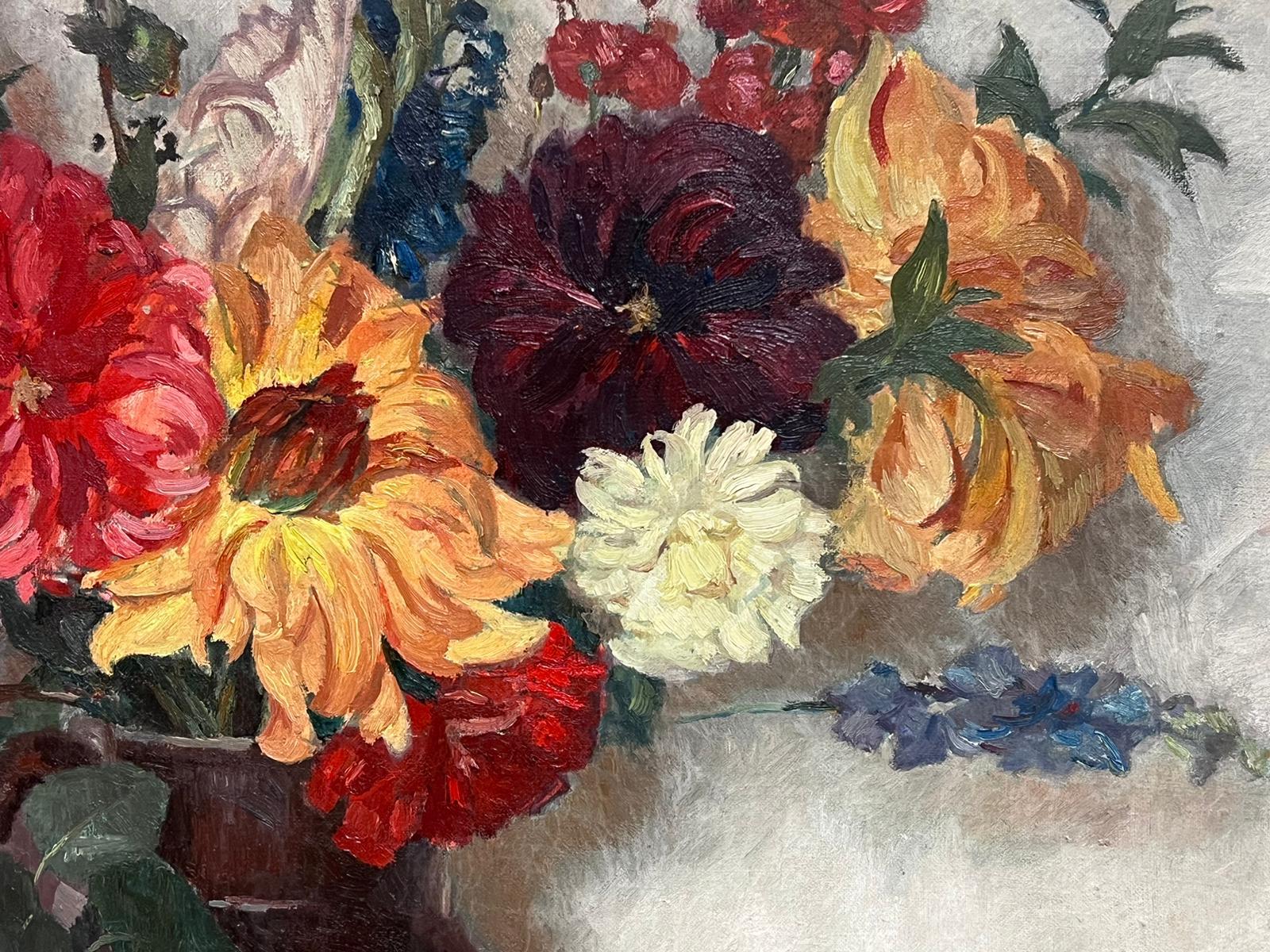1930's French Impressionist Signed Oil Beautiful Still Life of Flowers & Jug For Sale 2