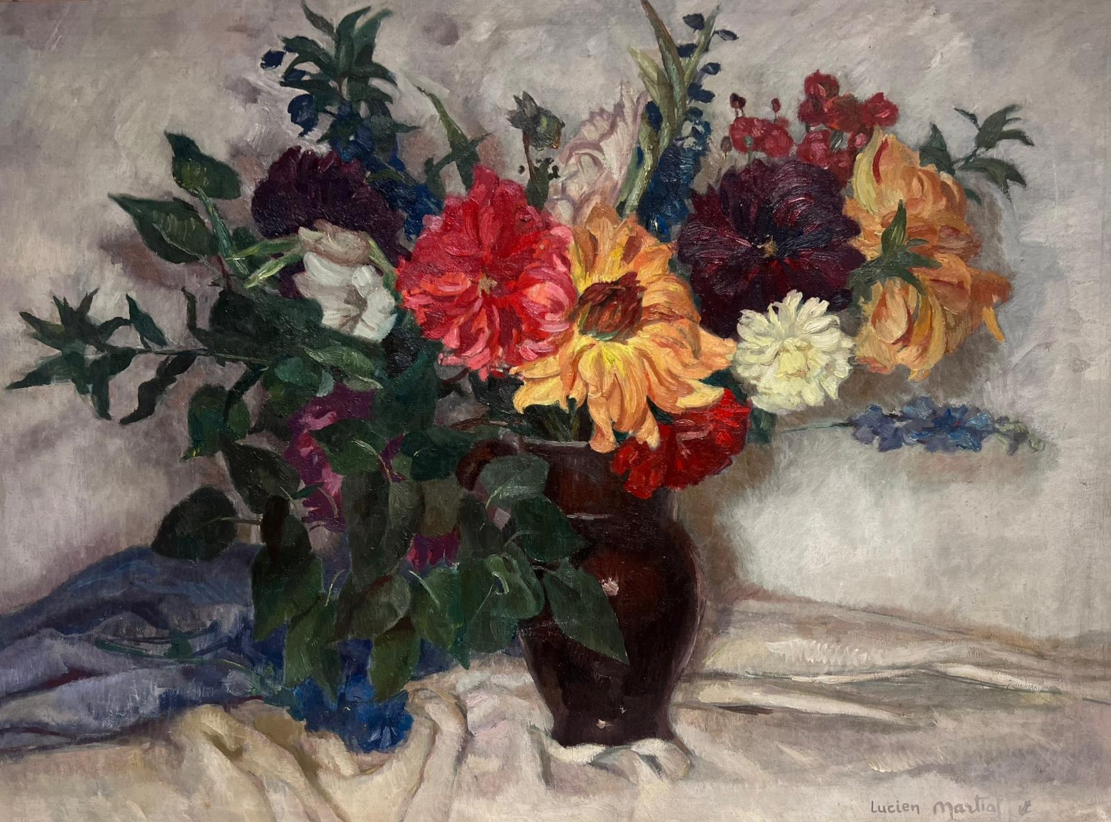 Lucien Martial Still-Life Painting - 1930's French Impressionist Signed Oil Beautiful Still Life of Flowers & Jug