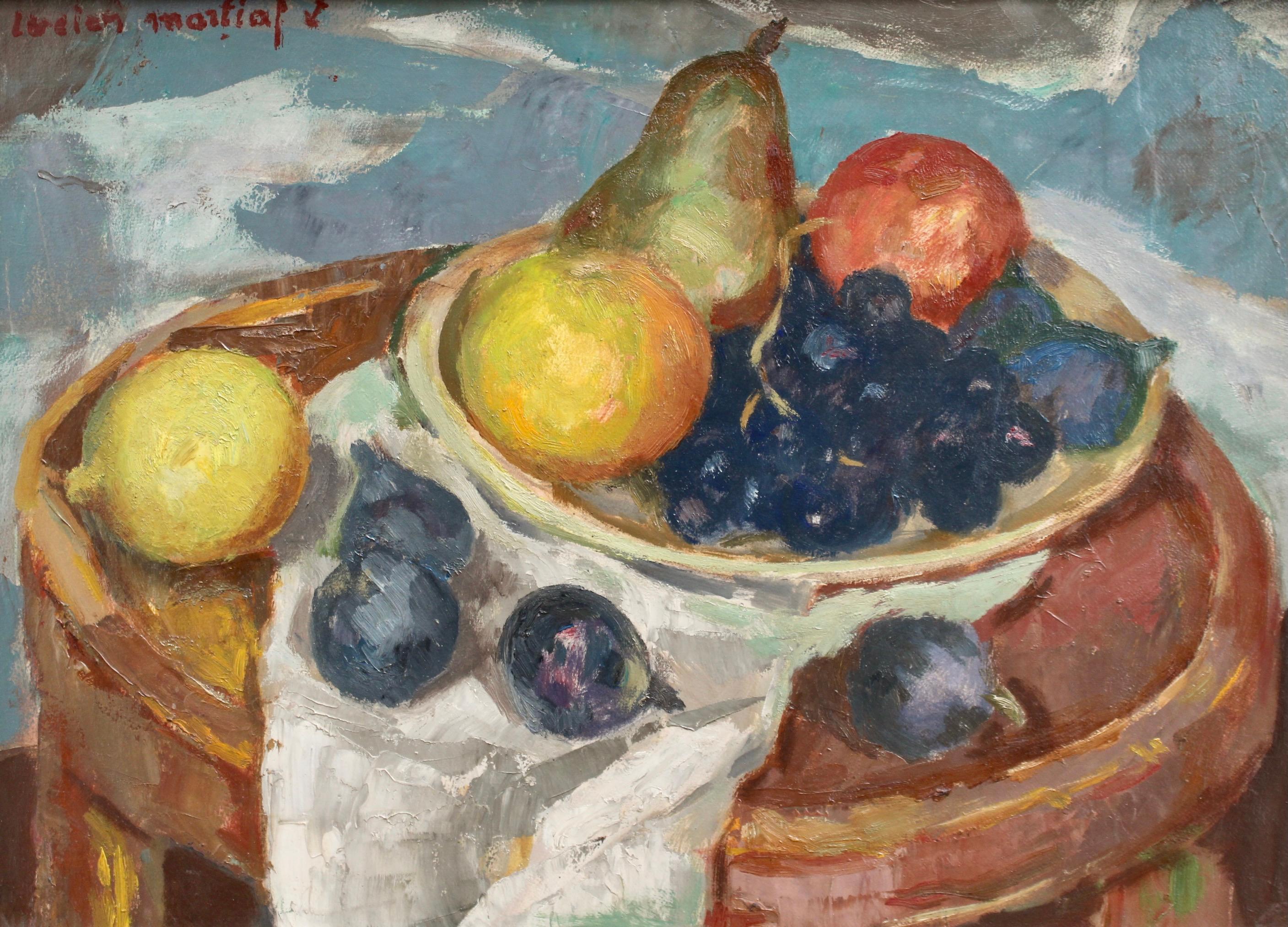 'Still Life with Figs and Grapes', oil on art paper attached to canvas, by Lucien Martial (circa 1960s). Like human life, fruit is perishable and ephemeral, and thus many believe that fruit acts as a representation of the transient nature of our