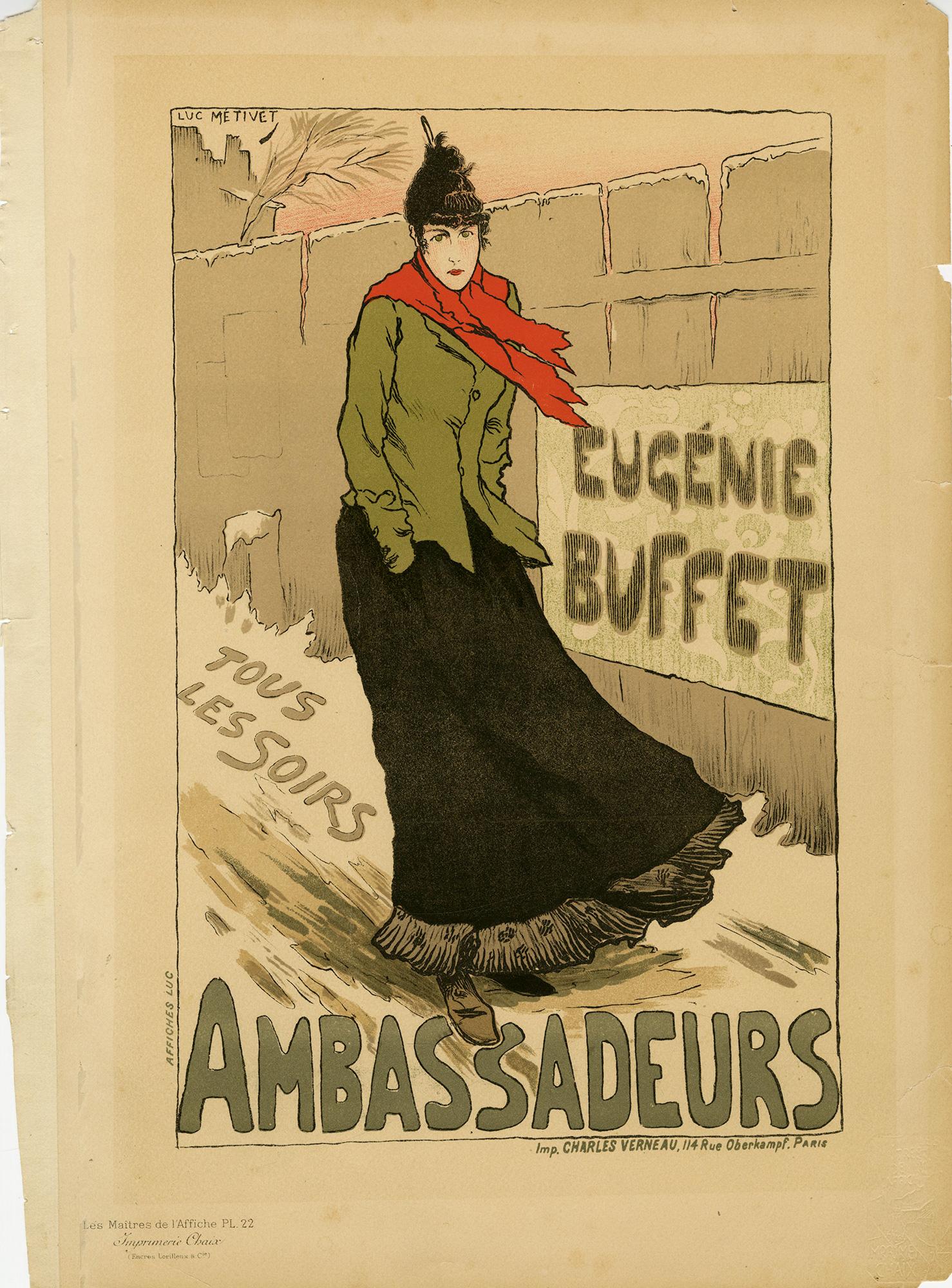Ambassadeurs, Eugenie Buffet   Une image emblématique de la Belle Époque du XIXe siècle. - Print de Lucien Métivet