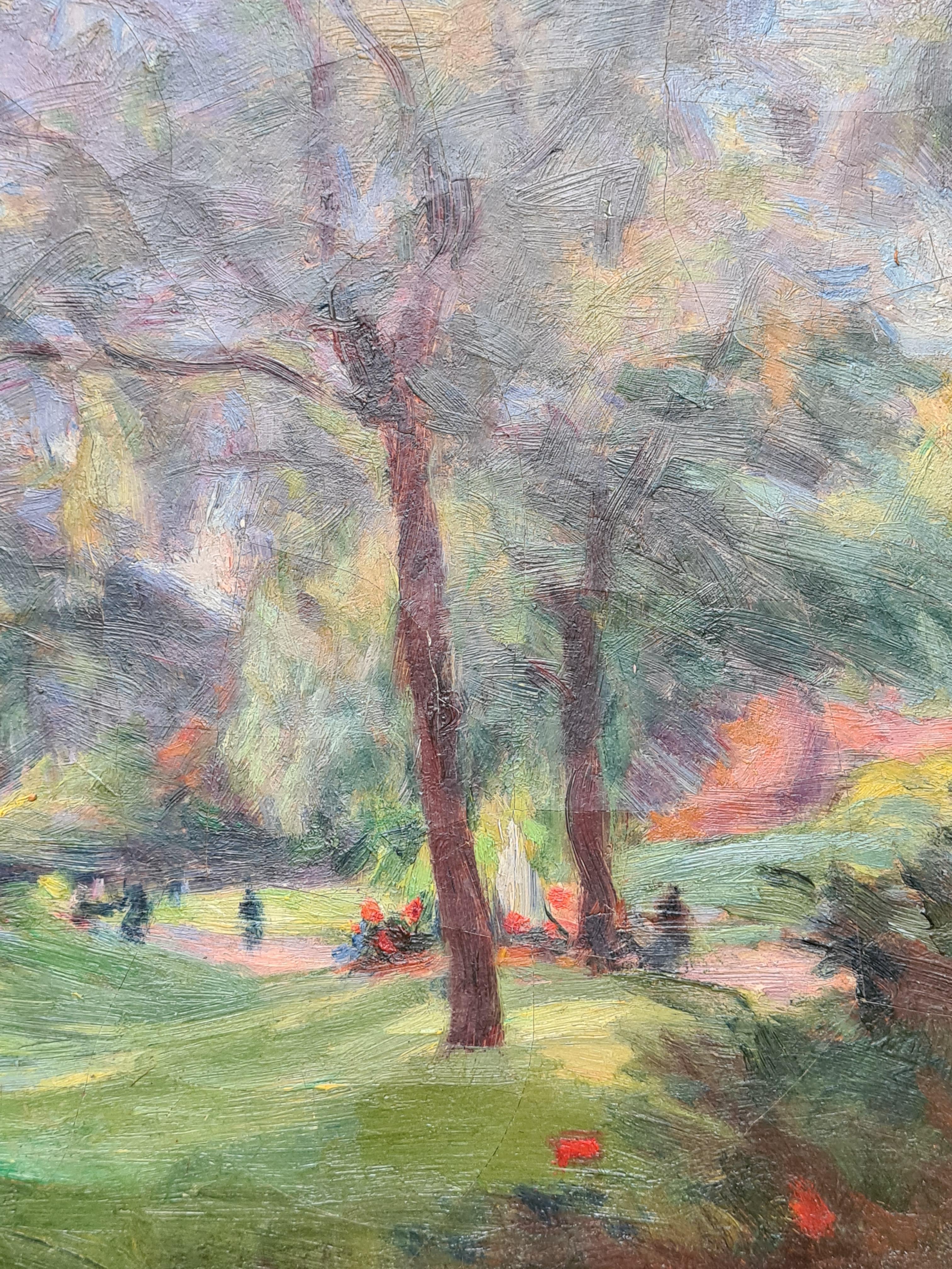 Paesaggio impressionista francese, olio su tela di Lucien Mignon, amico e allievo di Renoir. Il dipinto è firmato e datato (1935) in basso a sinistra. Presentato in una cornice Montparnasse in legno intagliato, patinato e dorato.

Un'incantevole