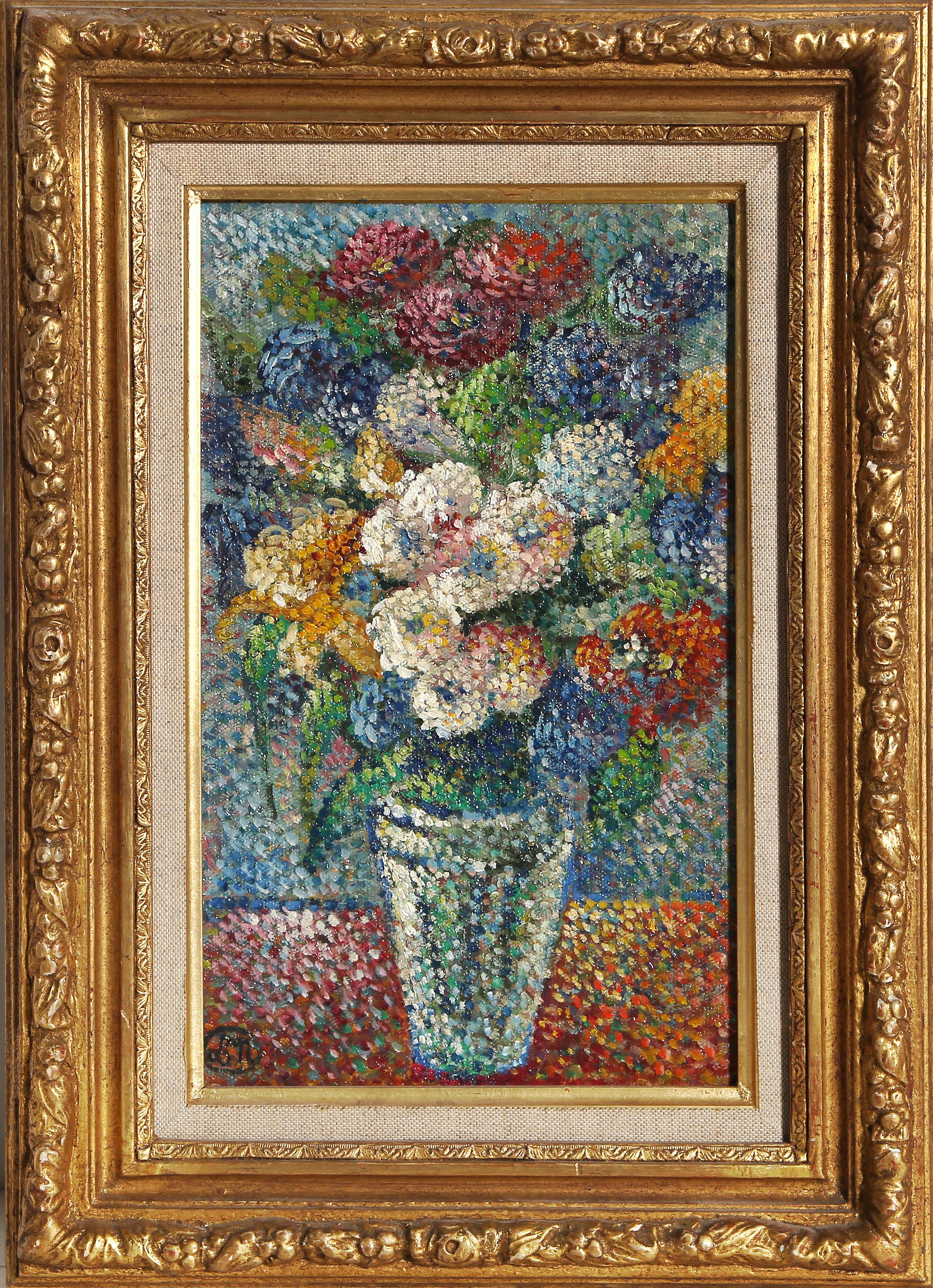 Lucien Neuquelman, Français (1909 - 1988) - Bouquet, Année :  circa 1938, Medium :  Huile sur toile posée sur carton, signée en bas à gauche, Taille :  14 x 9 po (35,56 x 22,86 cm), Taille du cadre :  17.5 x 12.5 pouces, Description :  Peinture à