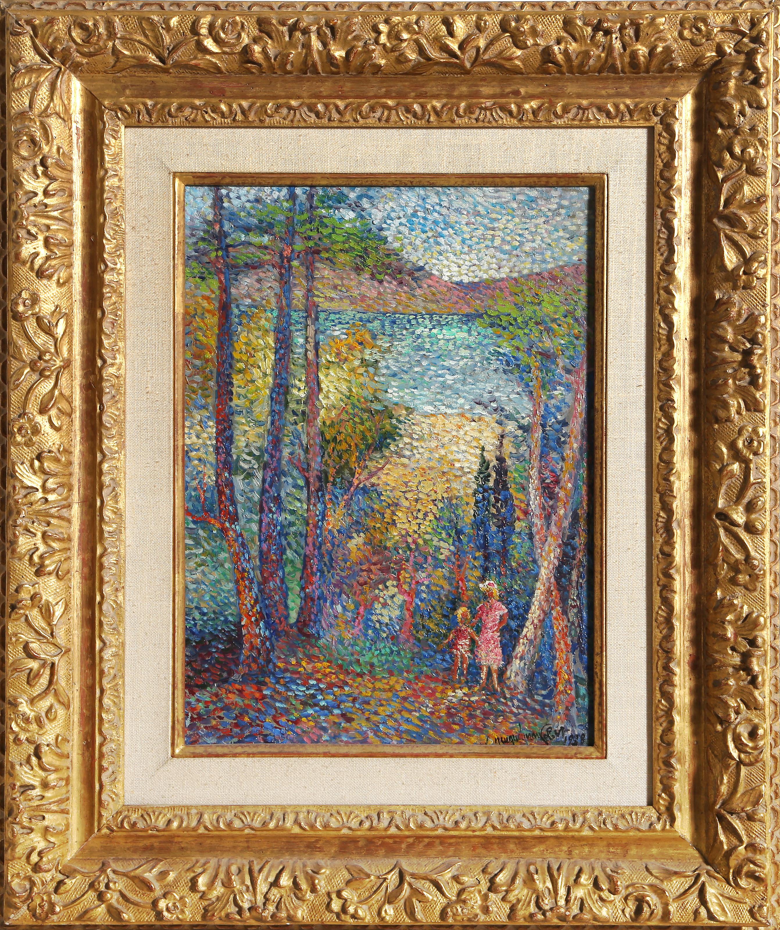 Lucien Neuquelman, francese (1909 - 1988) - Passeggiata di primavera, anno:  1938, Media:  Olio su tela, firmato e datato in basso a destra, Dimensioni:  13 x 9,5 pollici (33,02 x 24,13 cm), Dimensioni della cornice:  20,5 x 17,5 pollici,