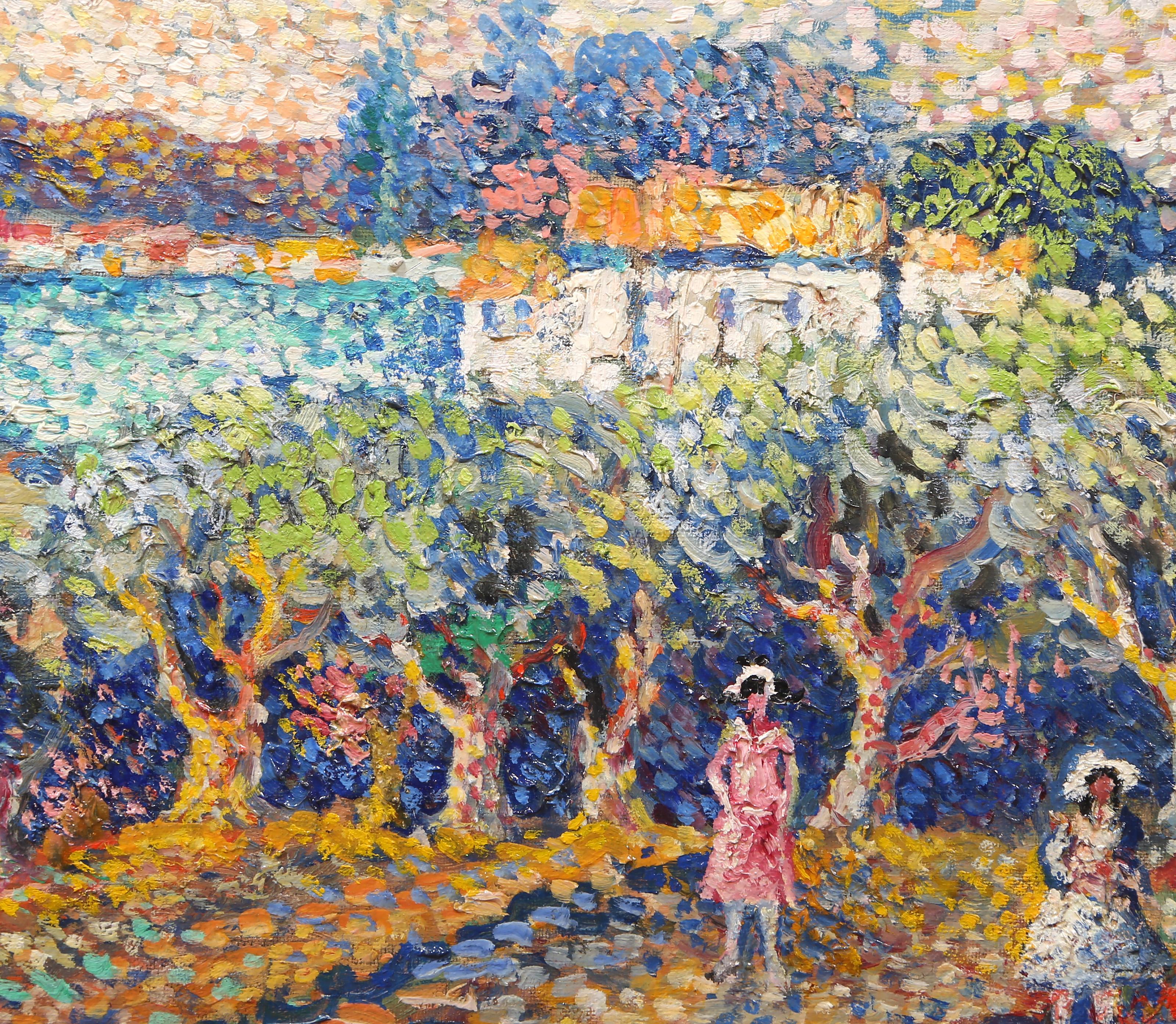 Mujeres en el prado, Pintura al óleo impresionista sobre lienzo de Lucien Neuquelman en venta 1