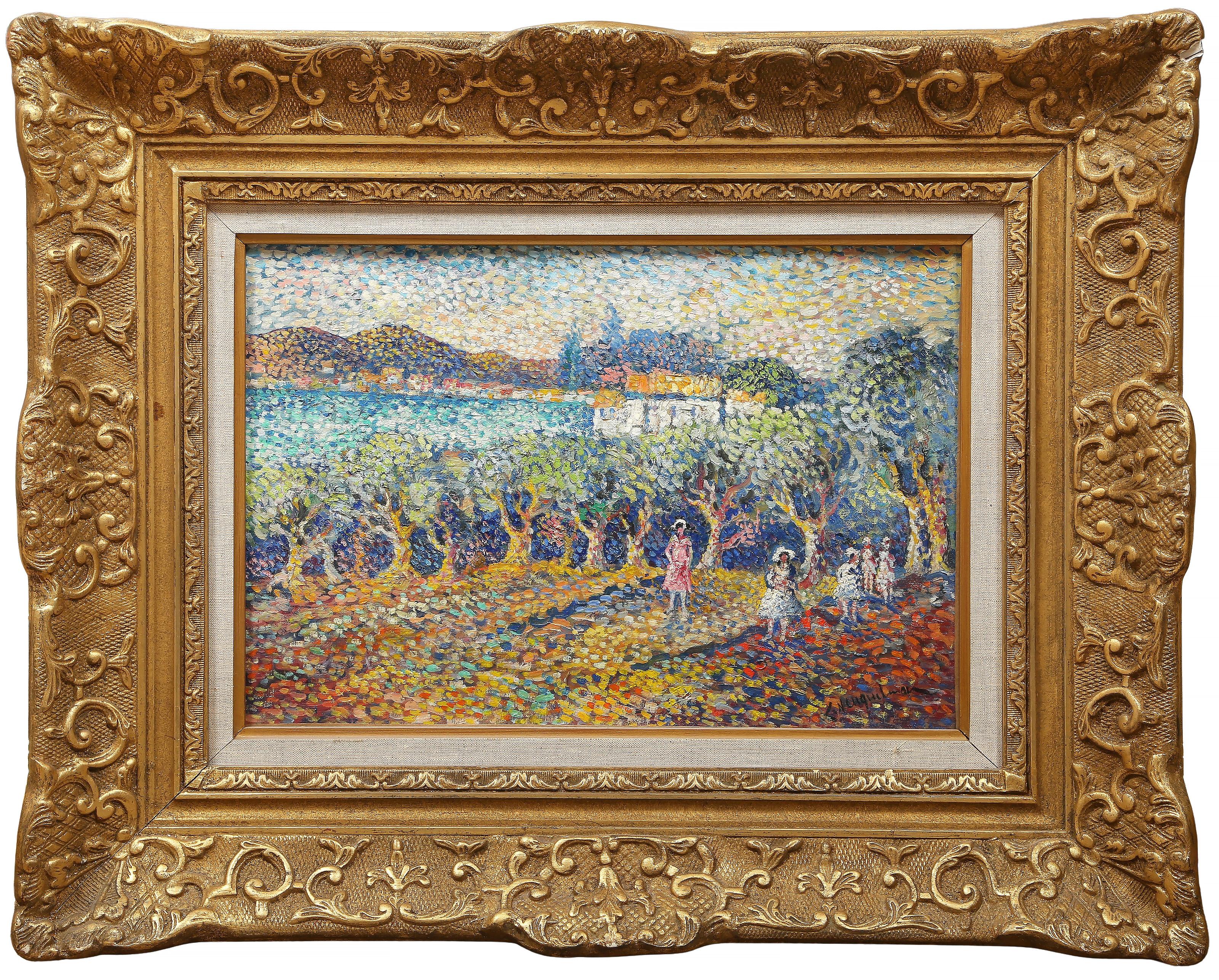 Lucien Neuquelman, francés (1909 - 1988) - Mujeres en la pradera, Año:  hacia 1938, Medio:  Óleo sobre lienzo, firmado abajo a la derecha, Tamaño:  24,13 x 34,93 cm (9,5 x 13,75 pulg.), Tamaño del marco:  16,5 x 20,5 pulgadas, Descripción:  El