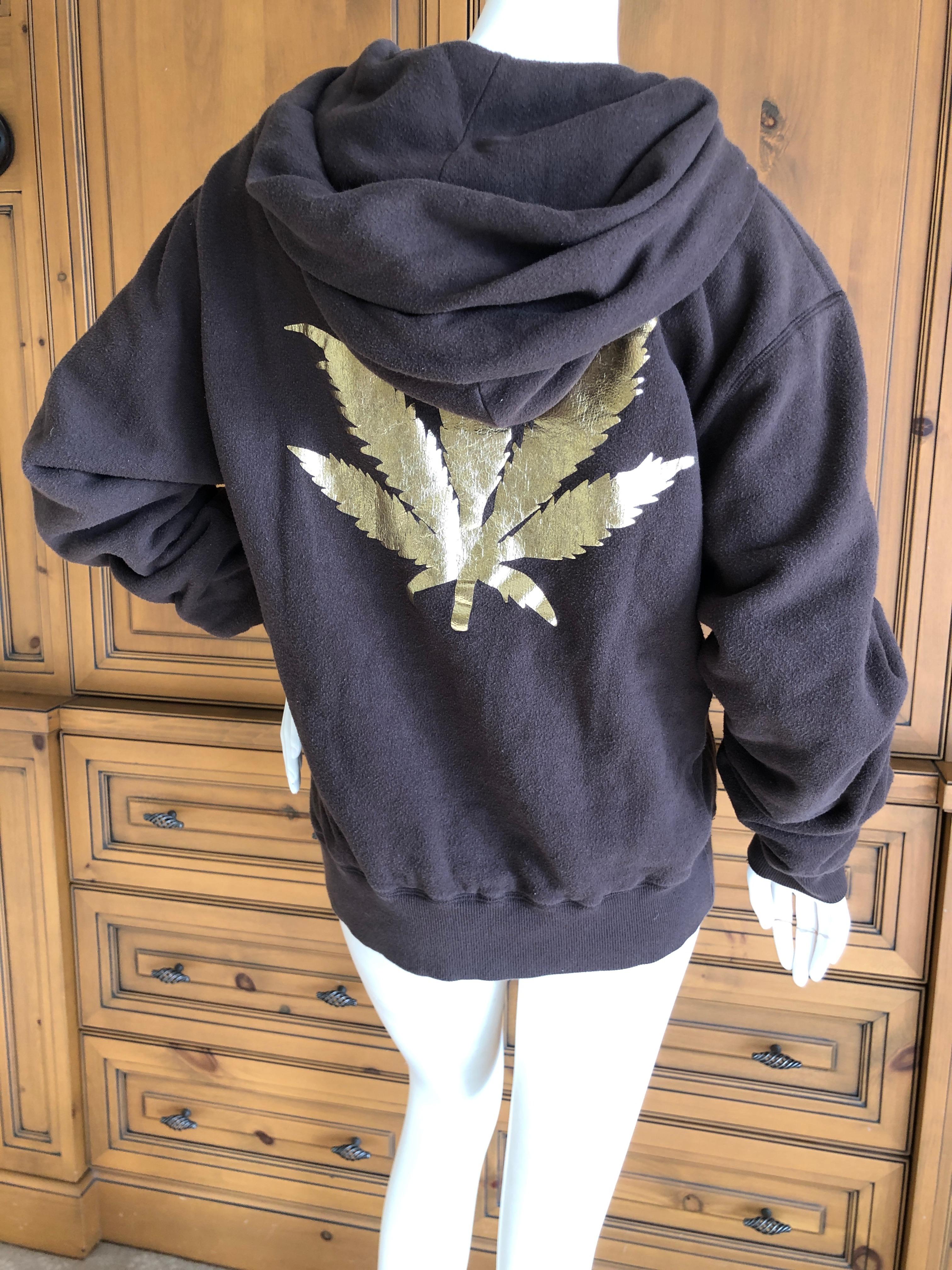 Lucien Pellat Finet Brown Zip Front Hoodie with Golden Cannabis Leaf on Back In Good Condition For Sale In Cloverdale, CA
