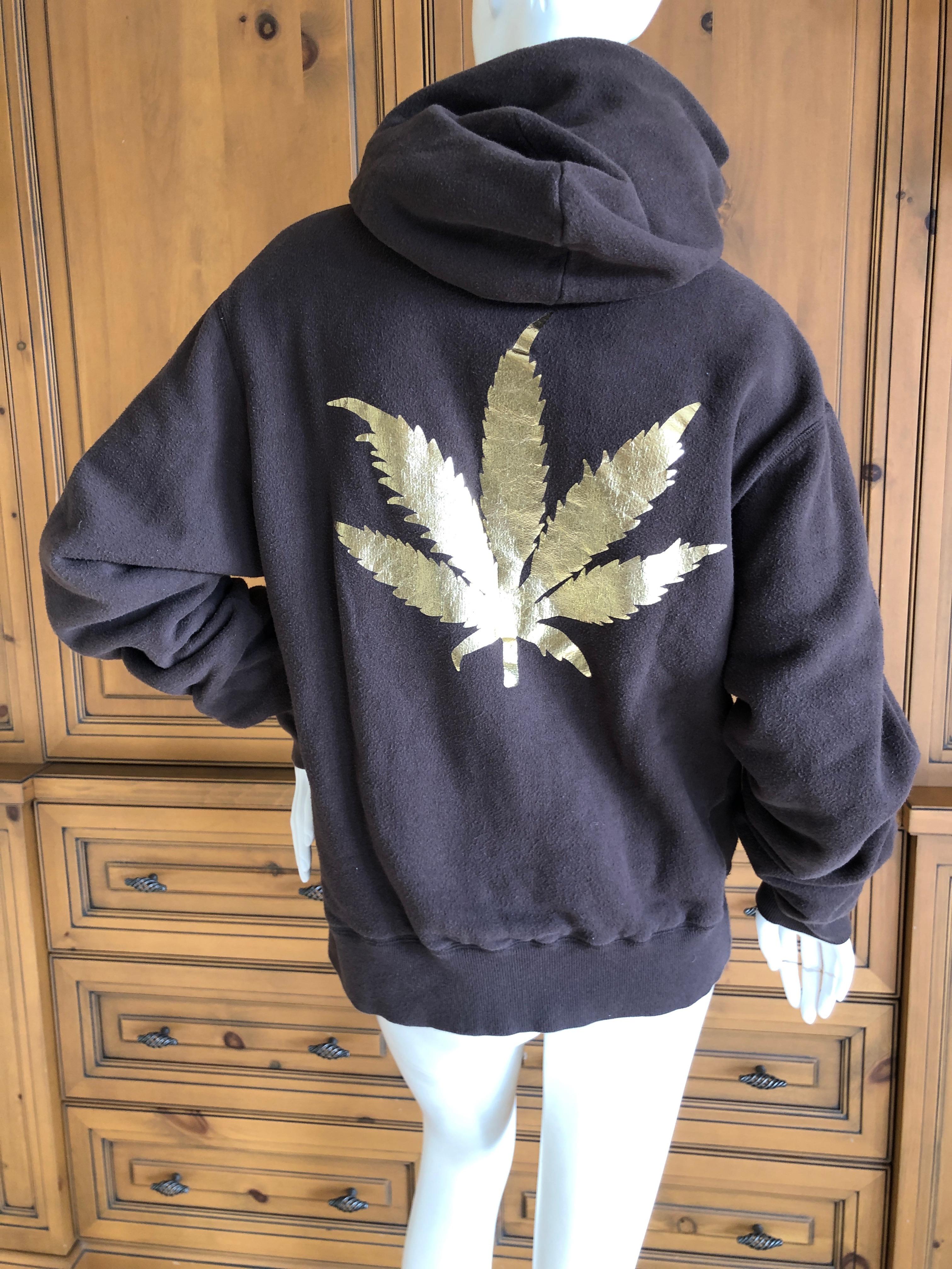 Women's Lucien Pellat Finet Brown Zip Front Hoodie with Golden Cannabis Leaf on Back For Sale