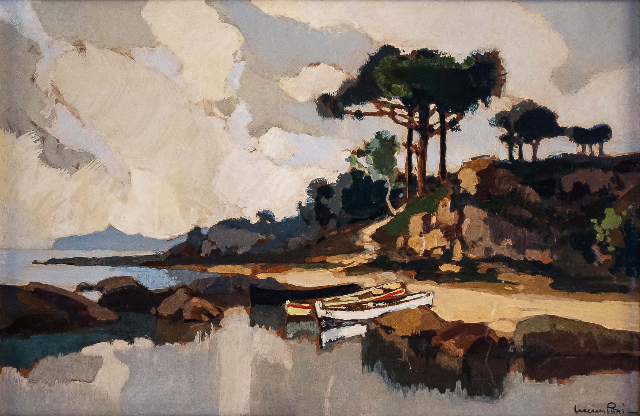 French Lucien P�éri, Oil on Panel, Boats under Corsican Pines, circa 1925-1935