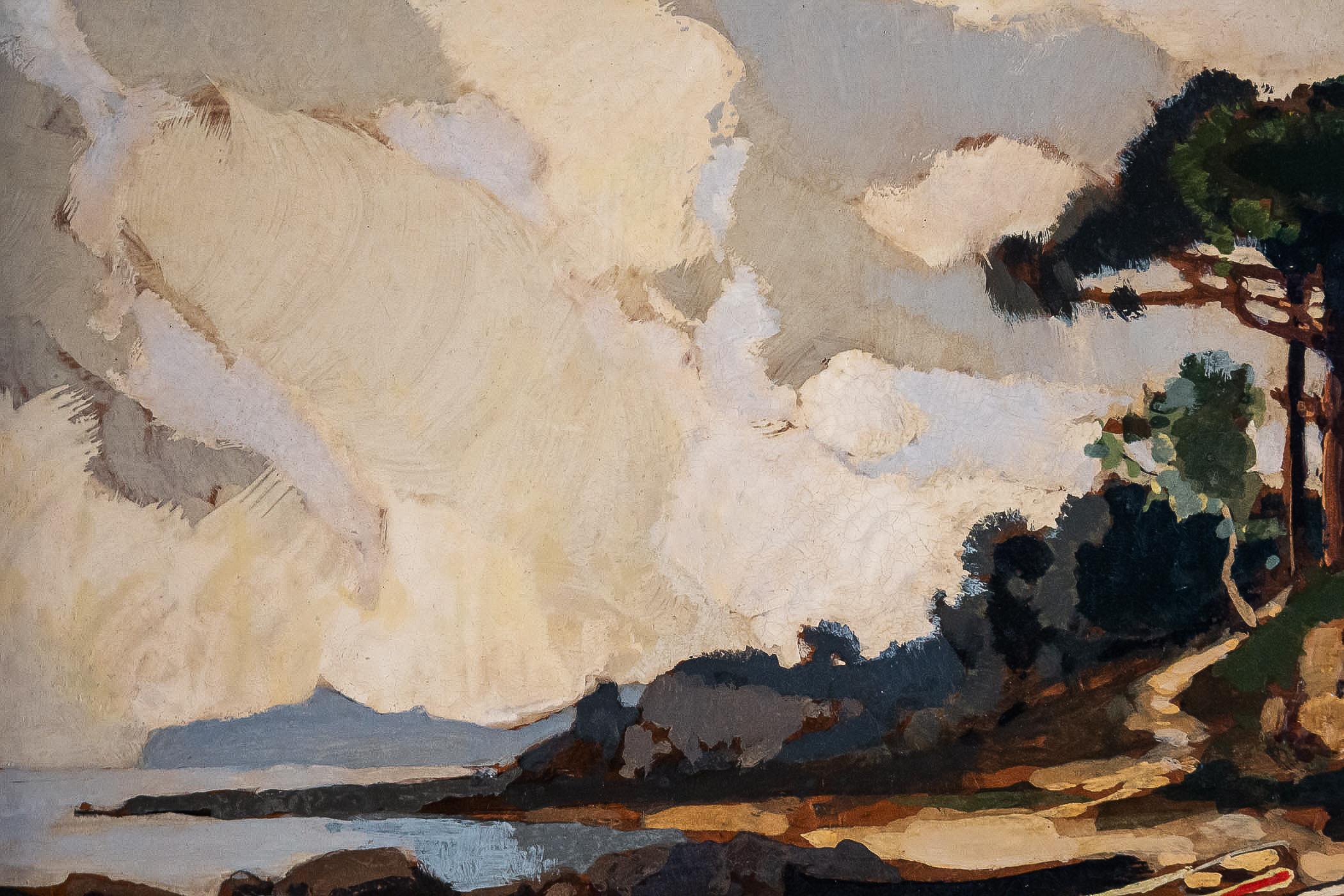 Painted Lucien Péri, Oil on Panel, Boats under Corsican Pines, circa 1925-1935