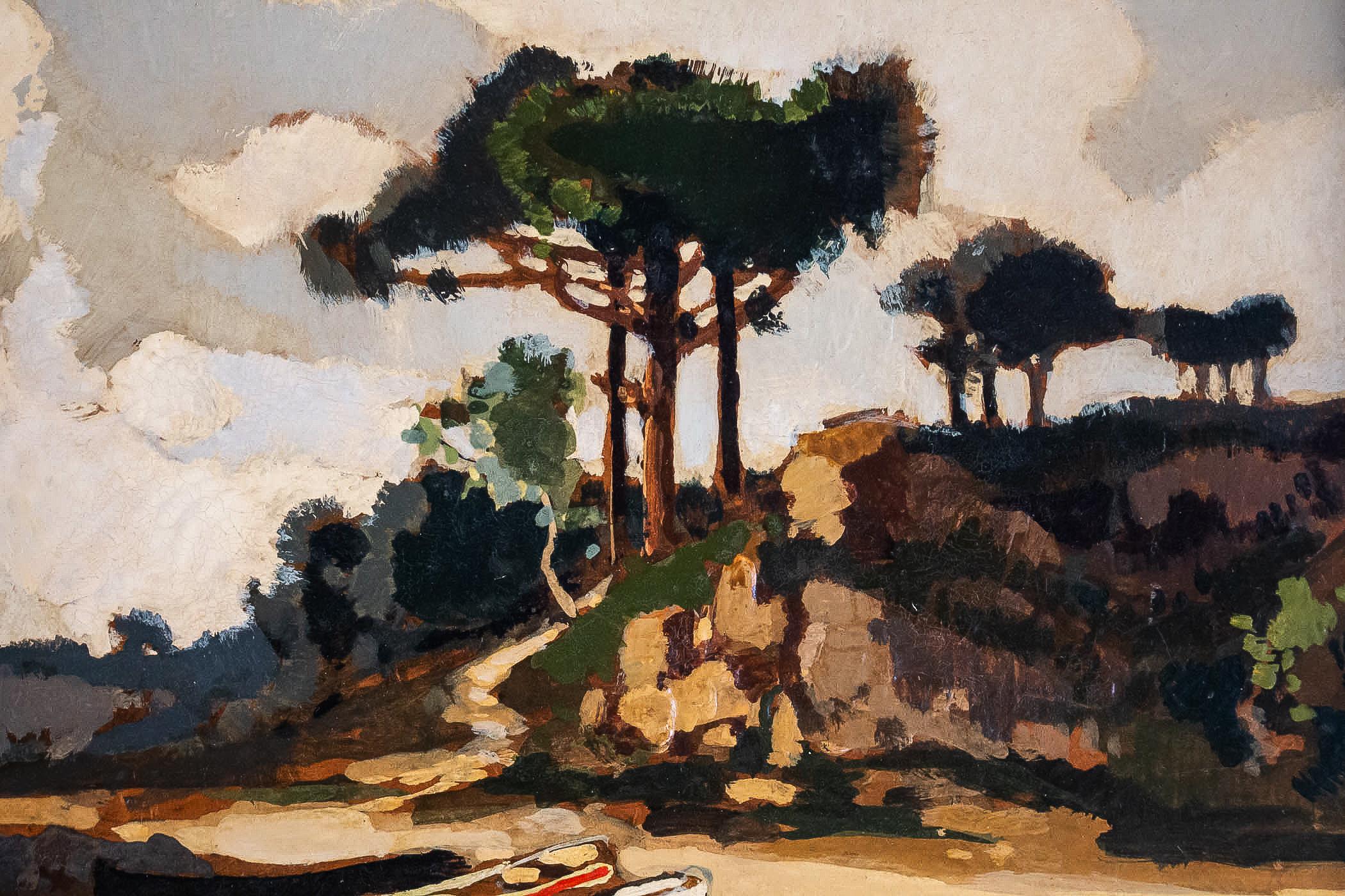 Early 20th Century Lucien Péri, Oil on Panel, Boats under Corsican Pines, circa 1925-1935