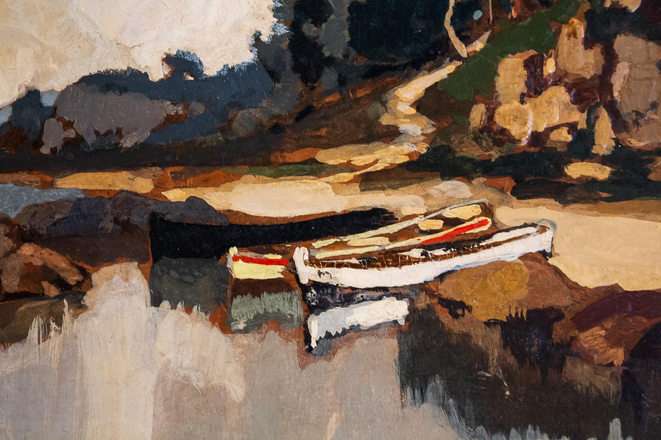 Wood Lucien Péri, Oil on Panel, Boats under Corsican Pines, circa 1925-1935
