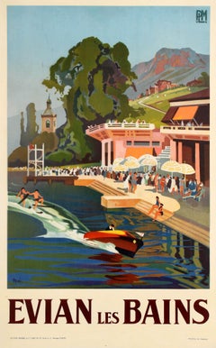 Original Vintage Art Deco Design PLM Travel Poster For Evian Les Bains Spa Town