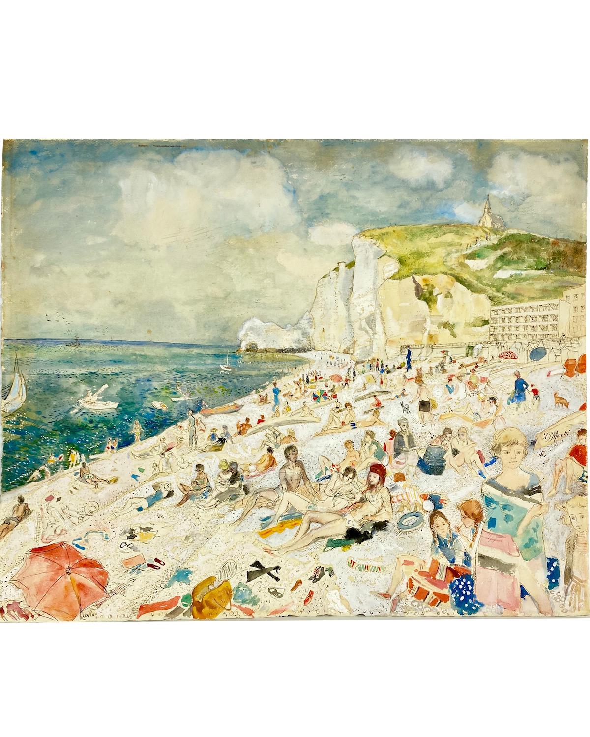Lucien Philippe Moretti Water Color on Paper 'Parisian Beach' Circa 1950
 signed bottom right hand side L.P Moretti, Dimensions Height: 19 3/4