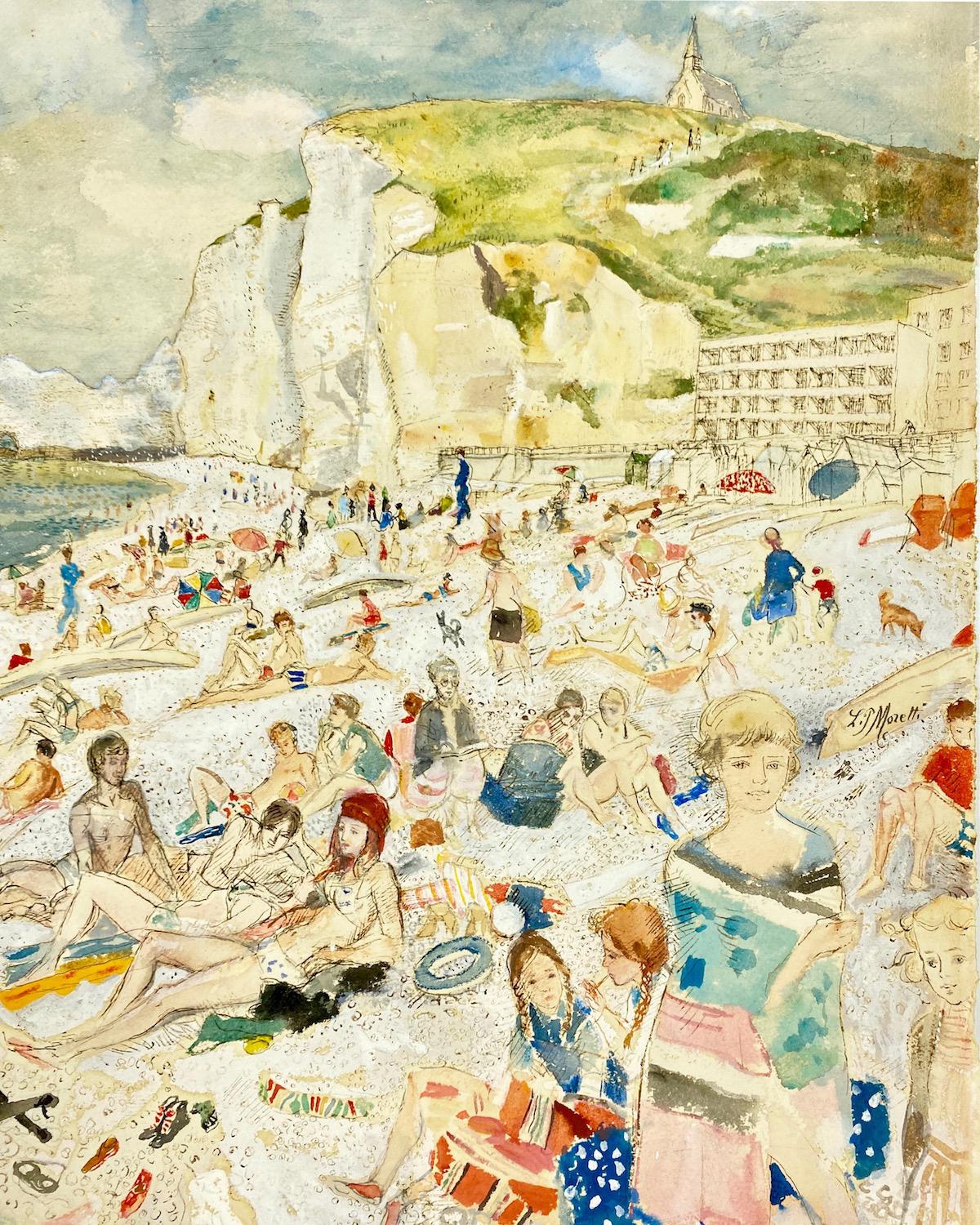 French Lucien Philippe Morett Water Color on Paper 'Parisian Beach' Circa 1950 For Sale