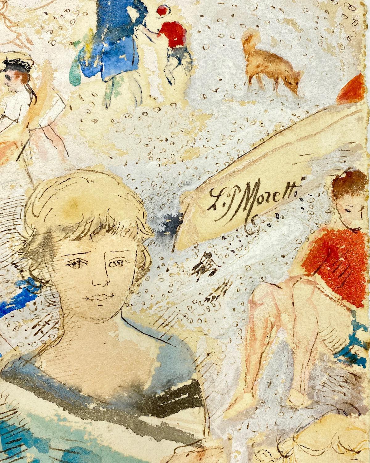 Lucien Philippe Morett Aquarellfarbe auf Papier „Parisian Beach“, Lucien Philippe, um 1950 (20. Jahrhundert) im Angebot