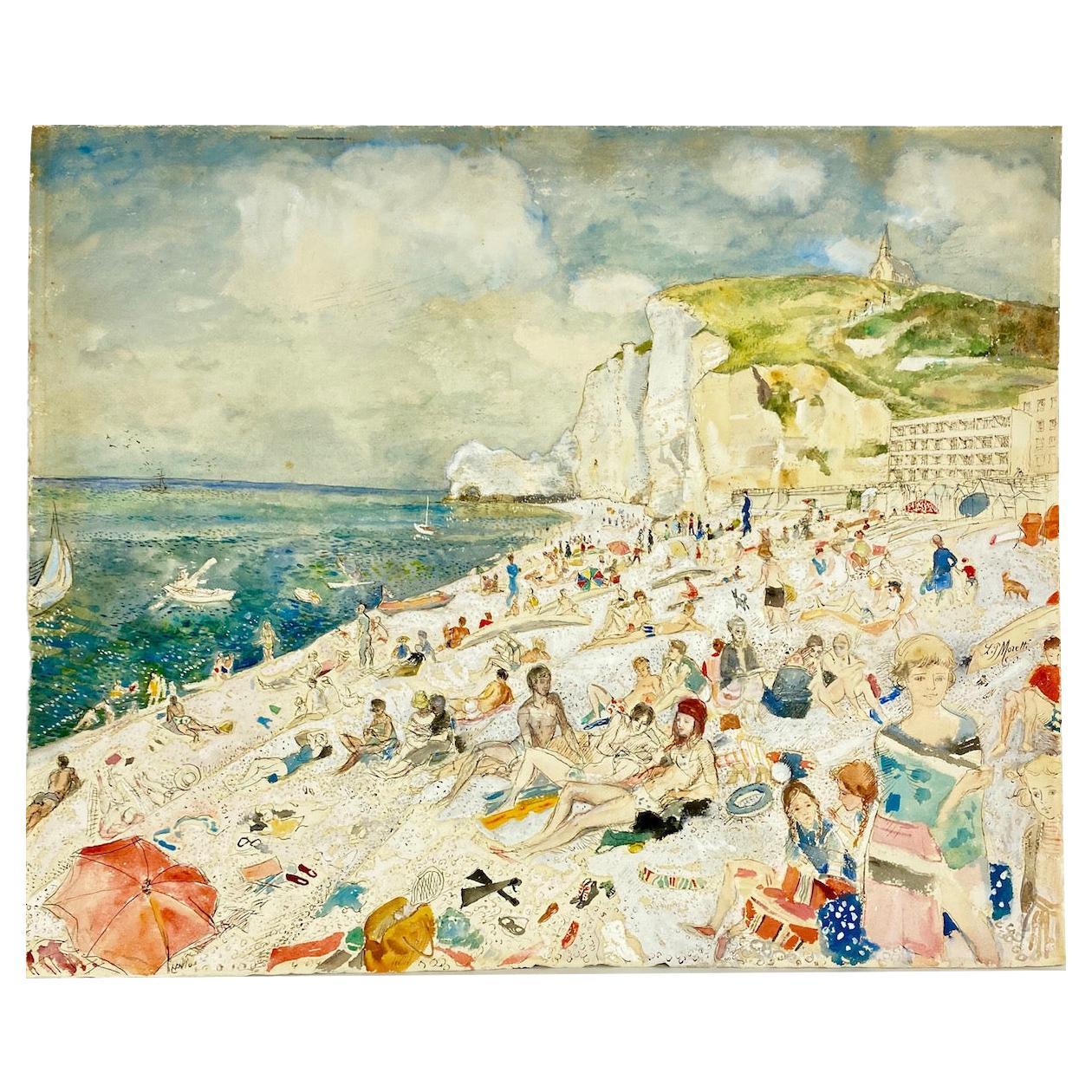 Lucien Philippe Morett Water Color on Paper 'Parisian Beach' Circa 1950 For Sale