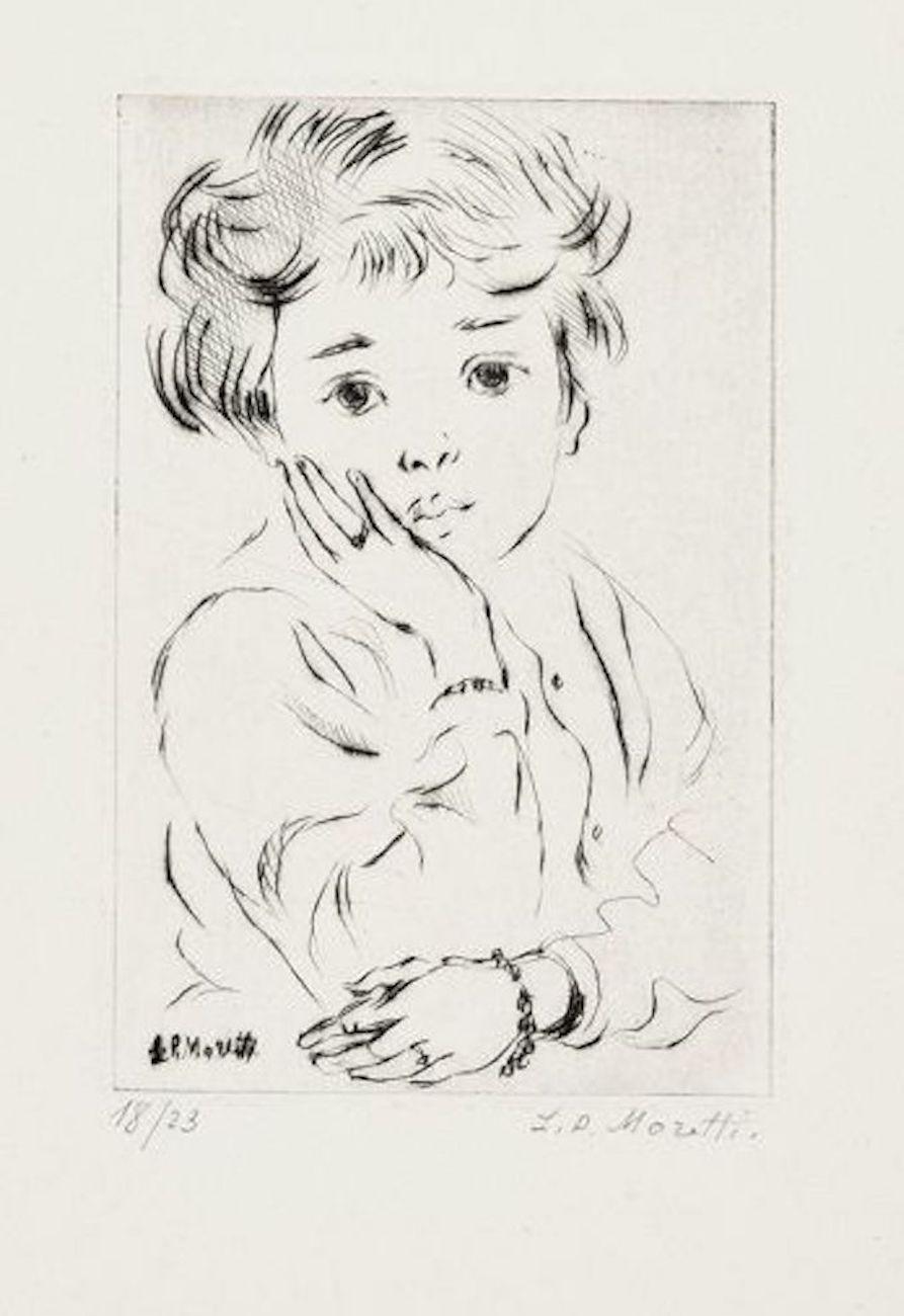 Little Girl - Original Etching by L.-P. Moretti - 1950s