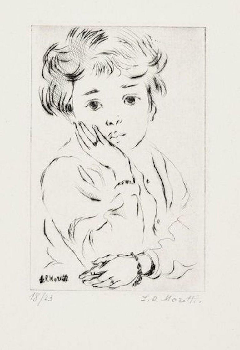 Lucien Philippe Moretti Portrait Print - Little Girl - Original Etching by L.-P. Moretti - 1950s
