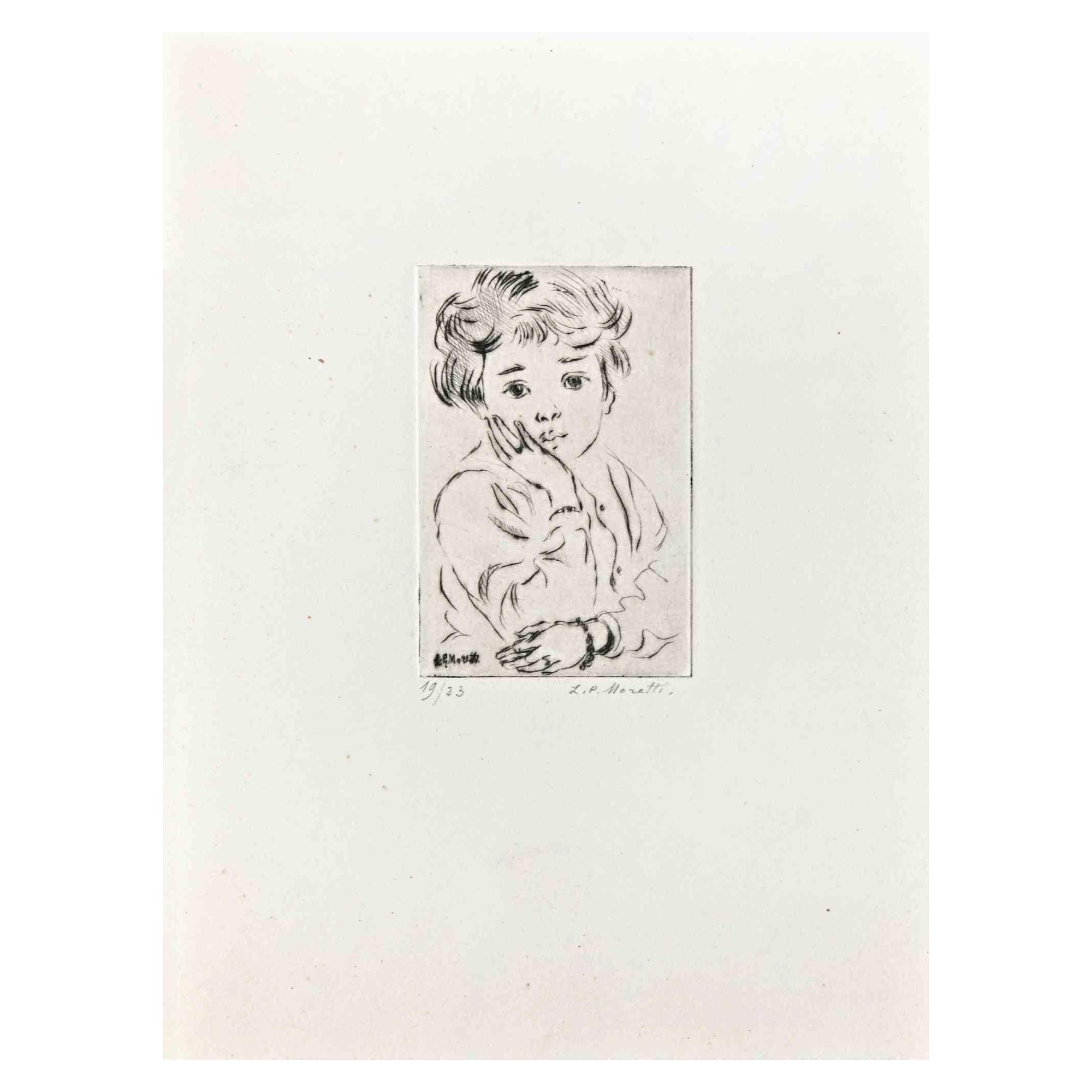 Ritratto di un bambino  - Acquaforte originale di L.-P. Moretti - Metà del XX secolo