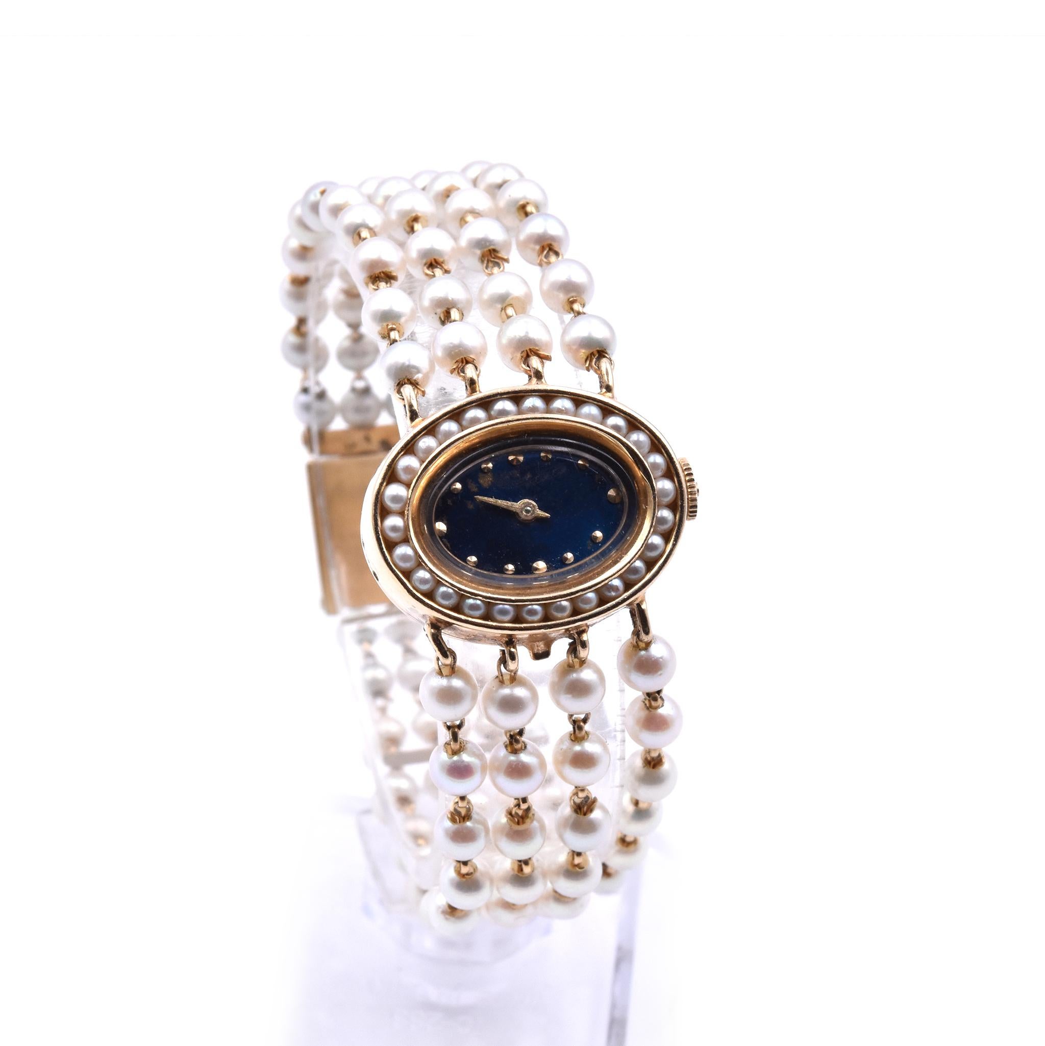 Movement: manual
Function: hours, minutes,
Case: 17mm in diameter x 22mm thick 
Band: 14ky seed pearl bracelet 
Dial: blue dial with gold dots
Serial # C7XXX

No original box and no paperwork.
Guaranteed to be authentic by seller.
