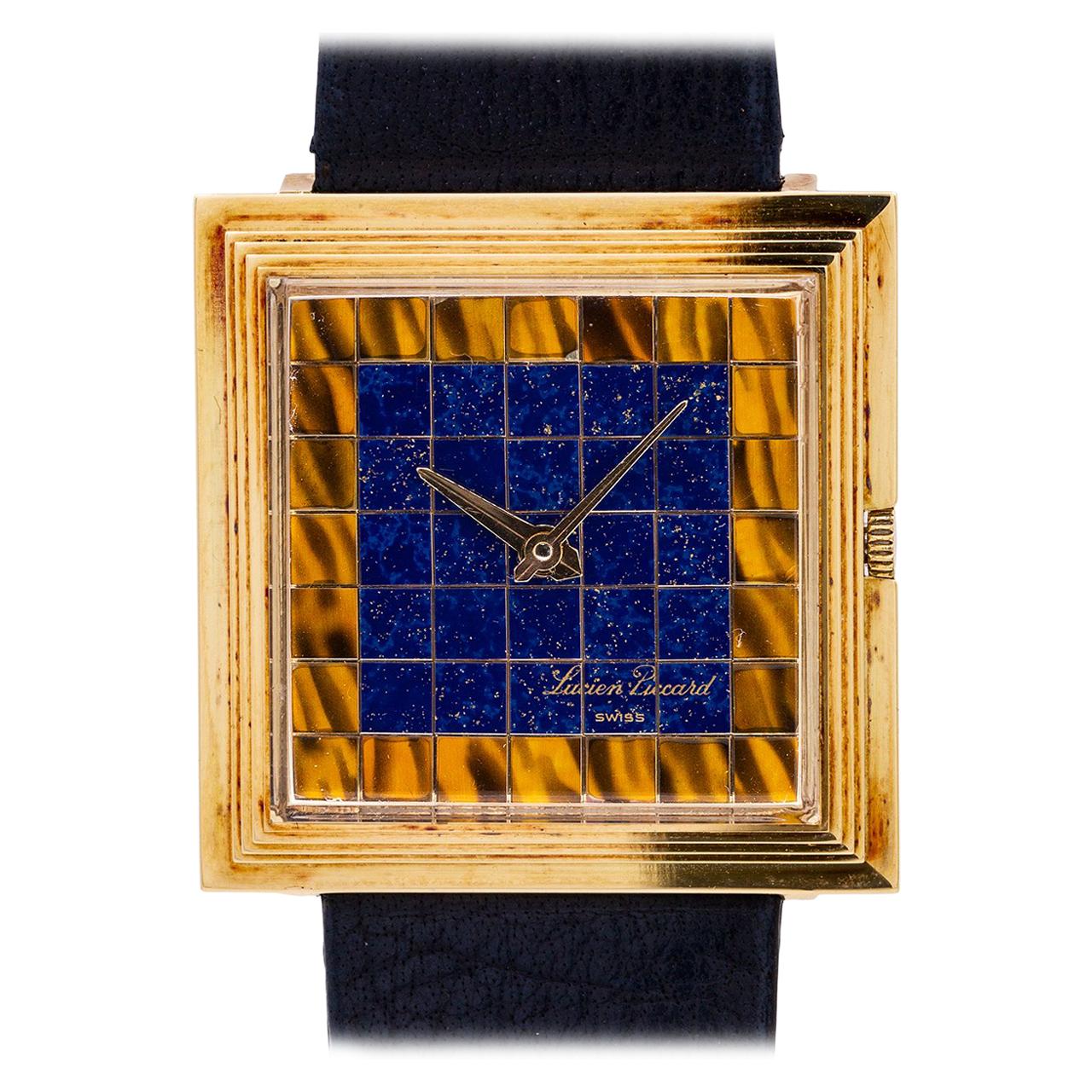 Lucien Piccard 14 Karat Gold Dress Model Lapis and Tiger’s Eye Dial, circa 1960s