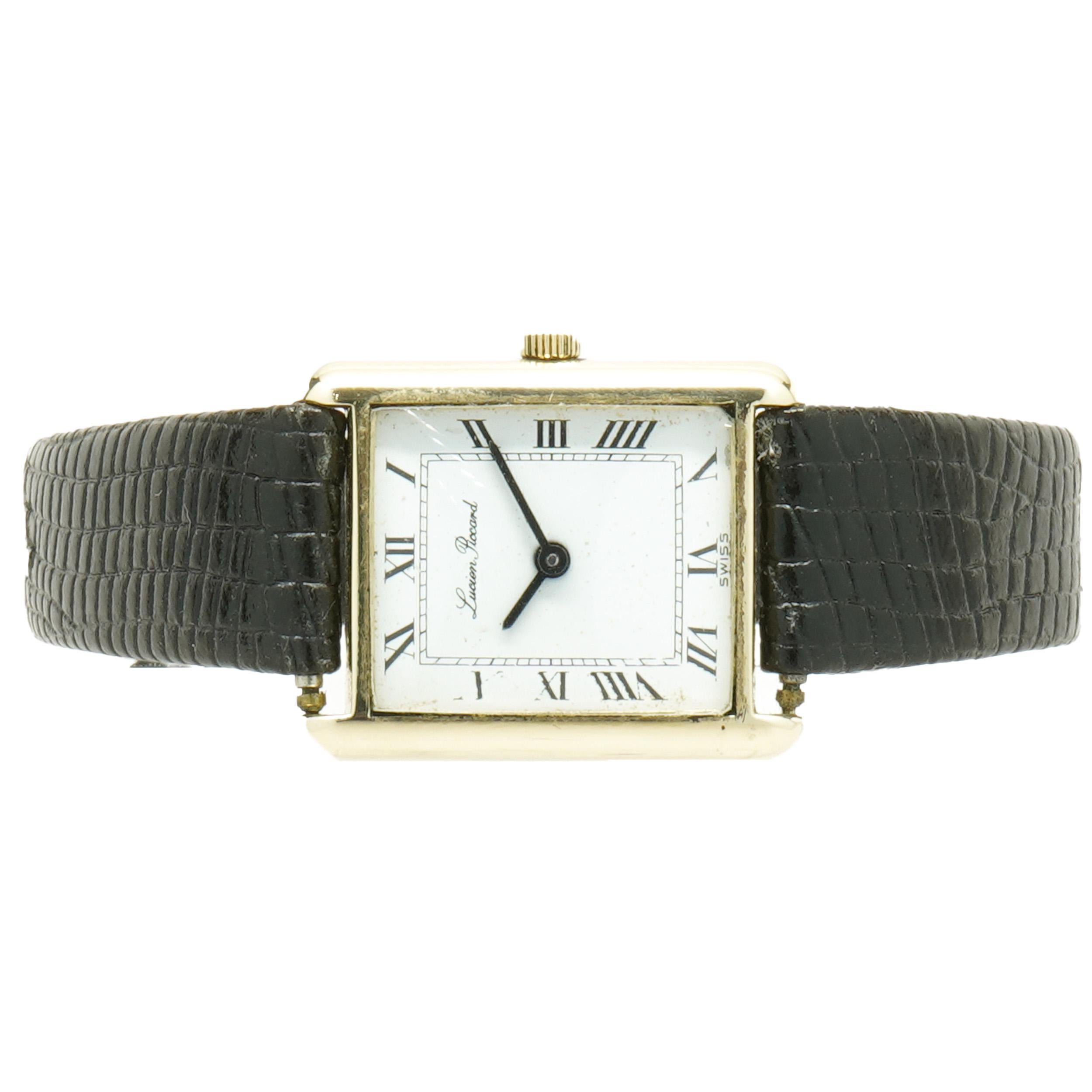 Movement: manual wind
Function: hours, minutes
Case: 21mm yellow gold square case
Band: black leather
Dial: white roman
Does not come with original box or paperwork.
Guaranteed to be authentic by seller.