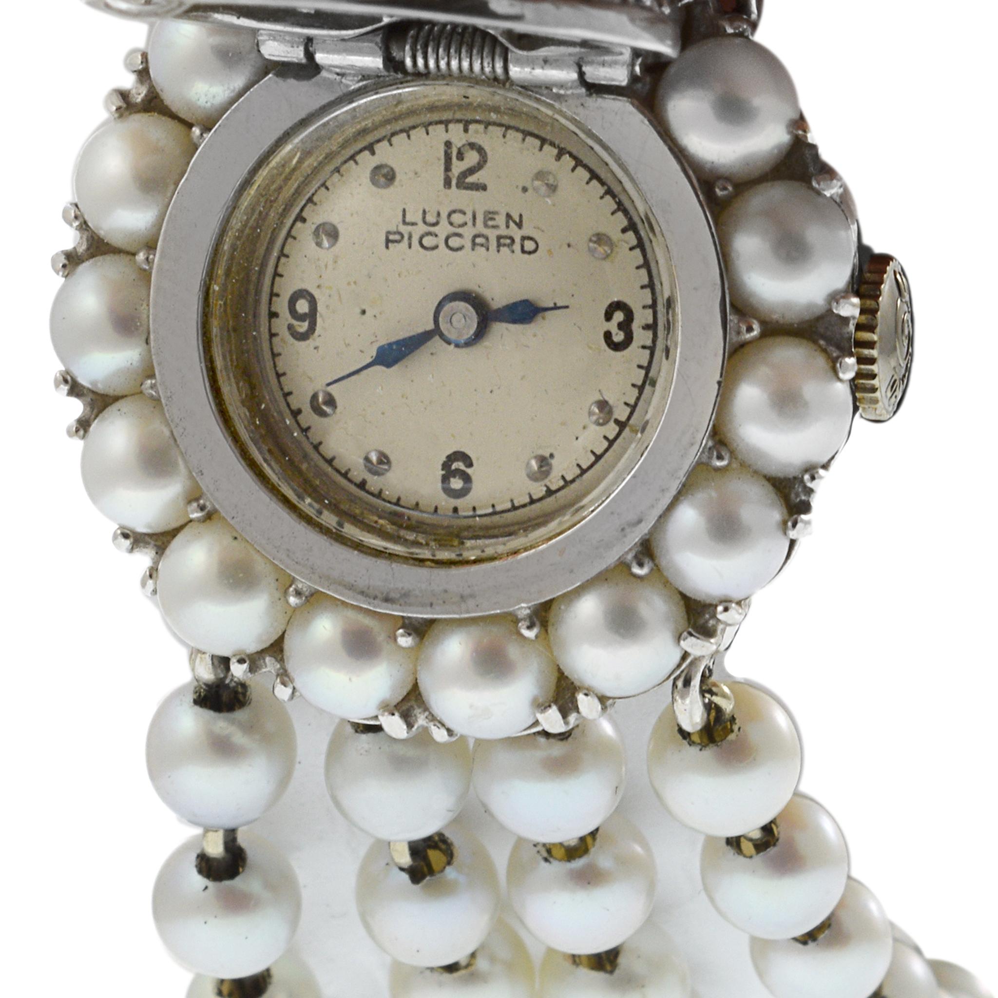 Retro Lucien Piccard 14K White Gold Pearl and Diamond Cocktail Watch For Sale