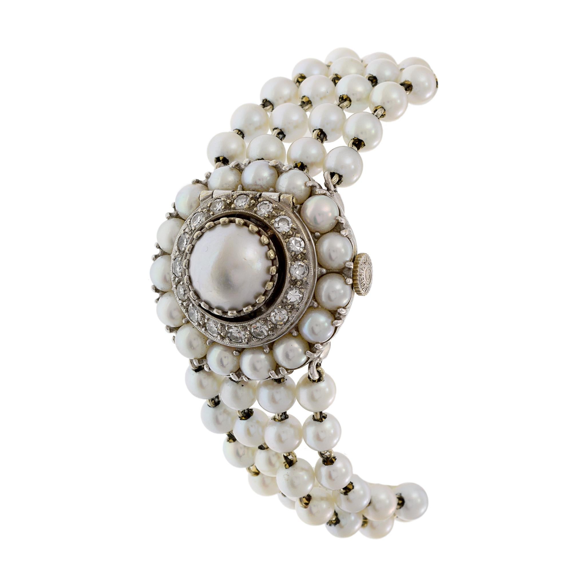 Taille ronde Lucien Piccard Montre cocktail en or blanc 14 carats, perles et diamants en vente