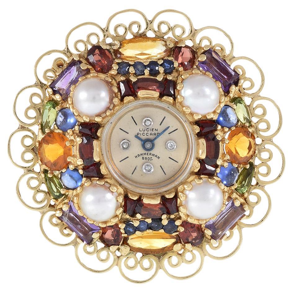 Lucien Piccard 1950er Jahre Mehrfarbige Edelsteinbrosche/Anhängeruhr/Pendant-Uhr