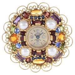 Lucien Piccard 1950s Multi Color Gemstone Brooch/Pendant Watch