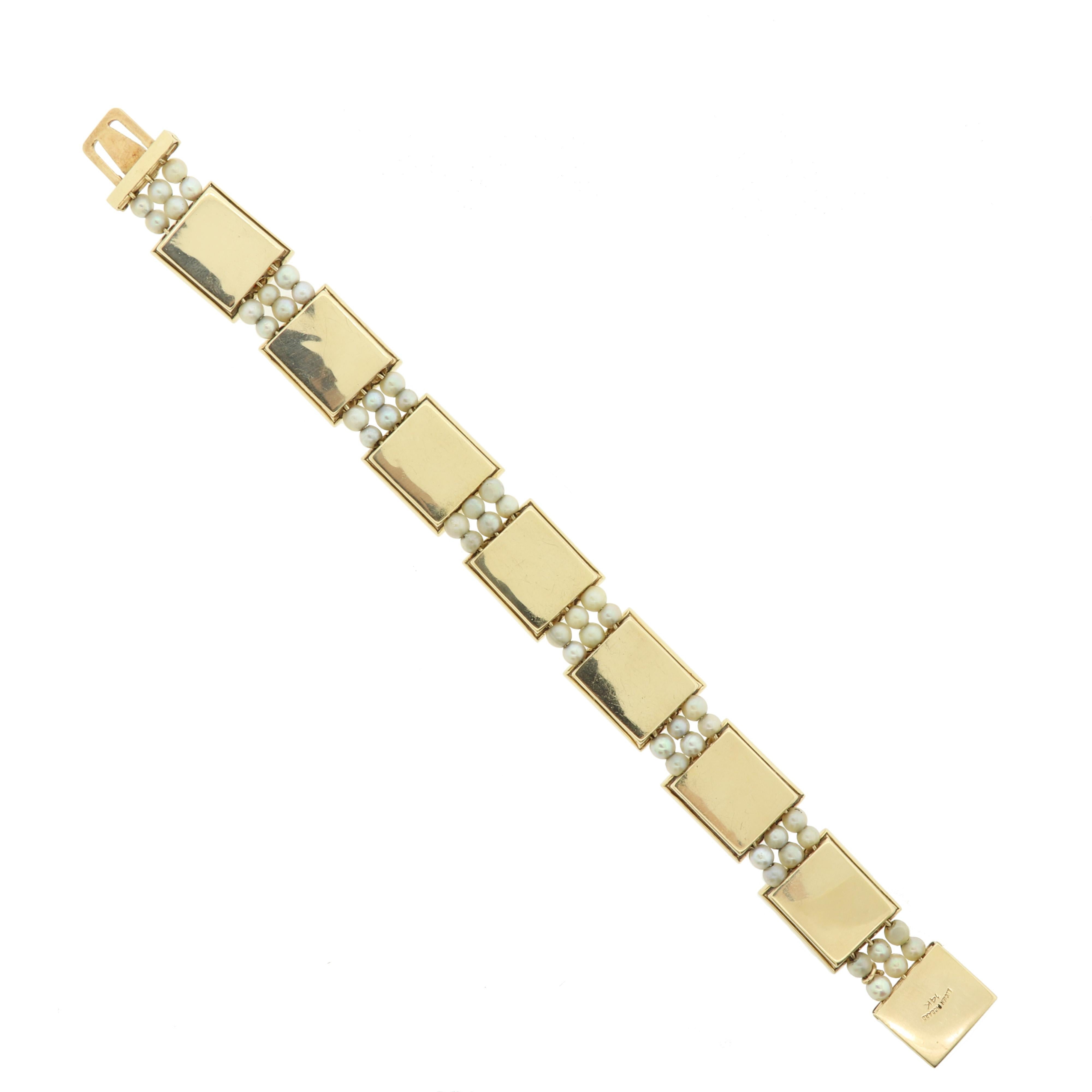 Retro Lucien Piccard 1955 14K Gold Forever Bracelet Rare Vintage Garnet & Pearl 32.1Gr