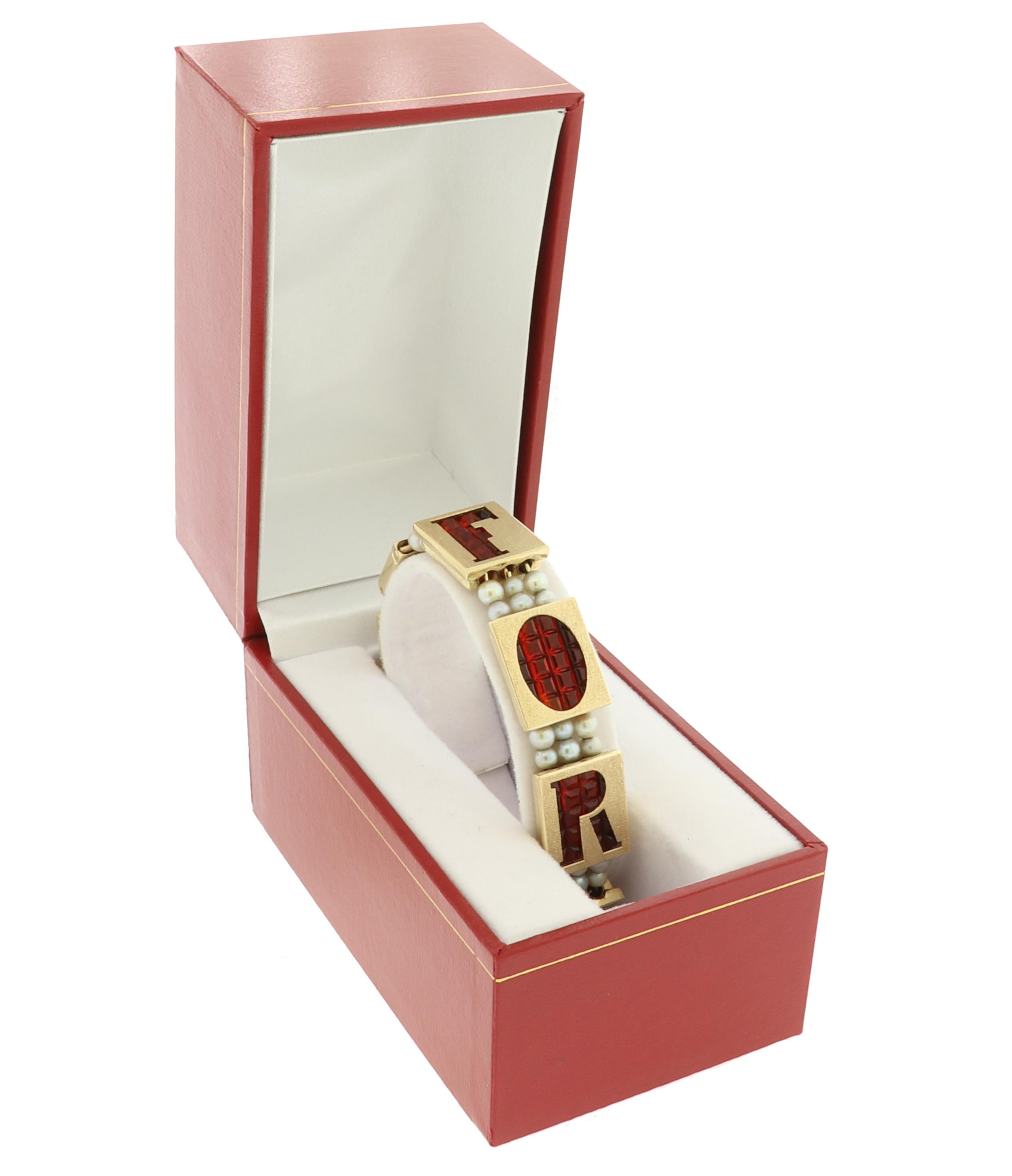 Lucien Piccard 1955 14K Gold Forever Bracelet Rare Vintage Garnet & Pearl 32.1Gr 3