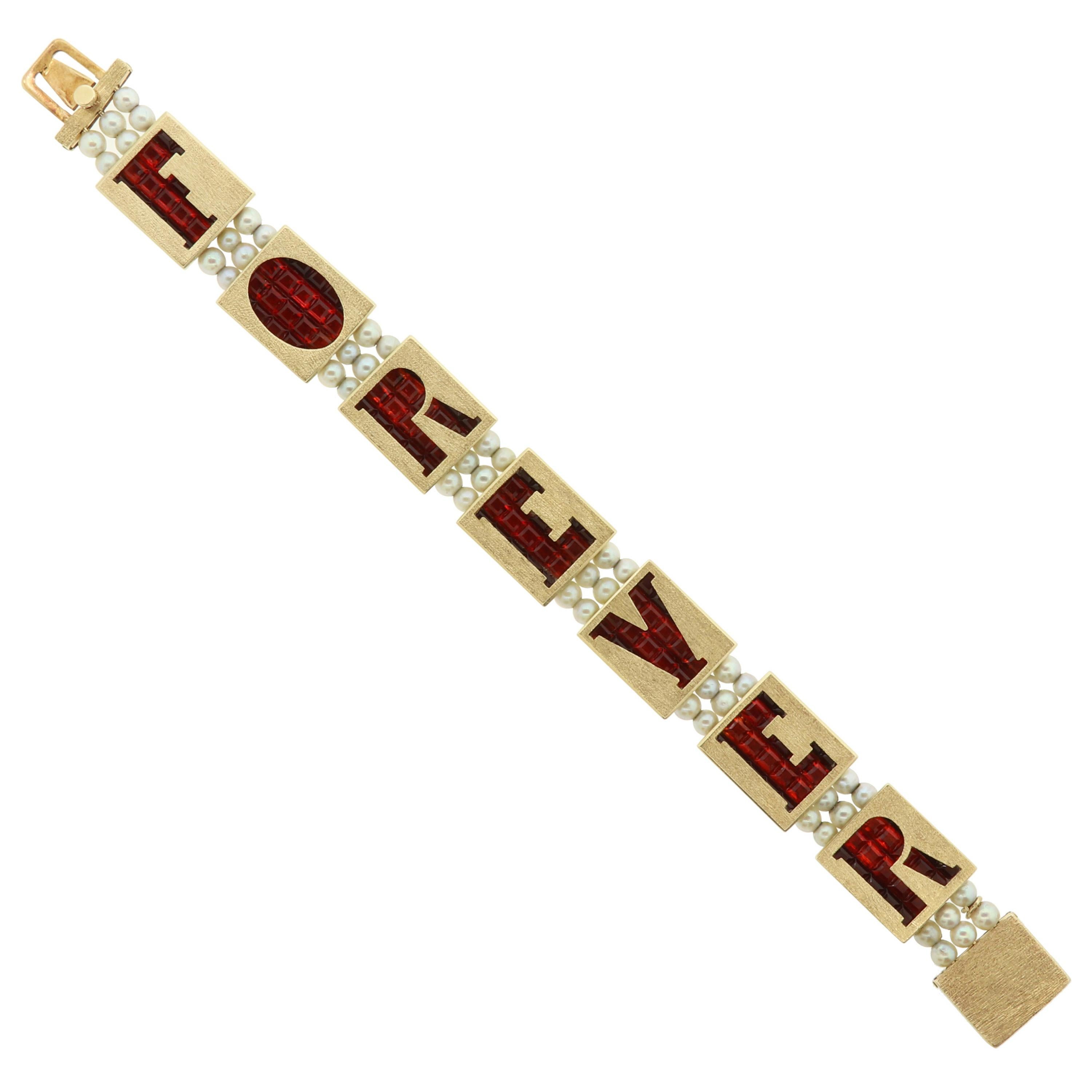 Lucien Piccard 1955 14K Gold Forever Bracelet Rare Vintage Garnet & Pearl 32.1Gr
