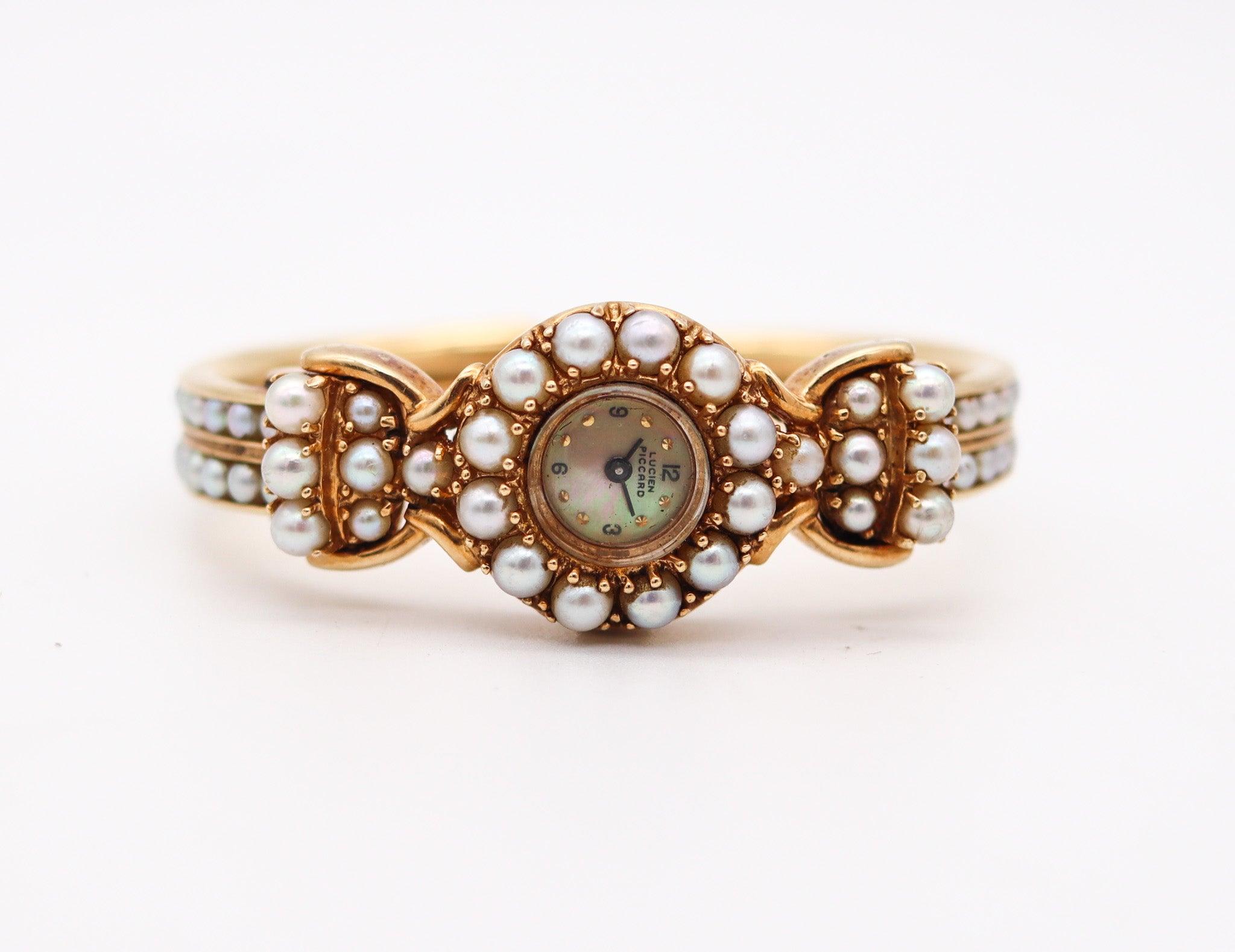 Modernist LUCIEN PICCARD 1970 Cuff Wristwatch In 14Kt Yellow Gold With White Pearls For Sale