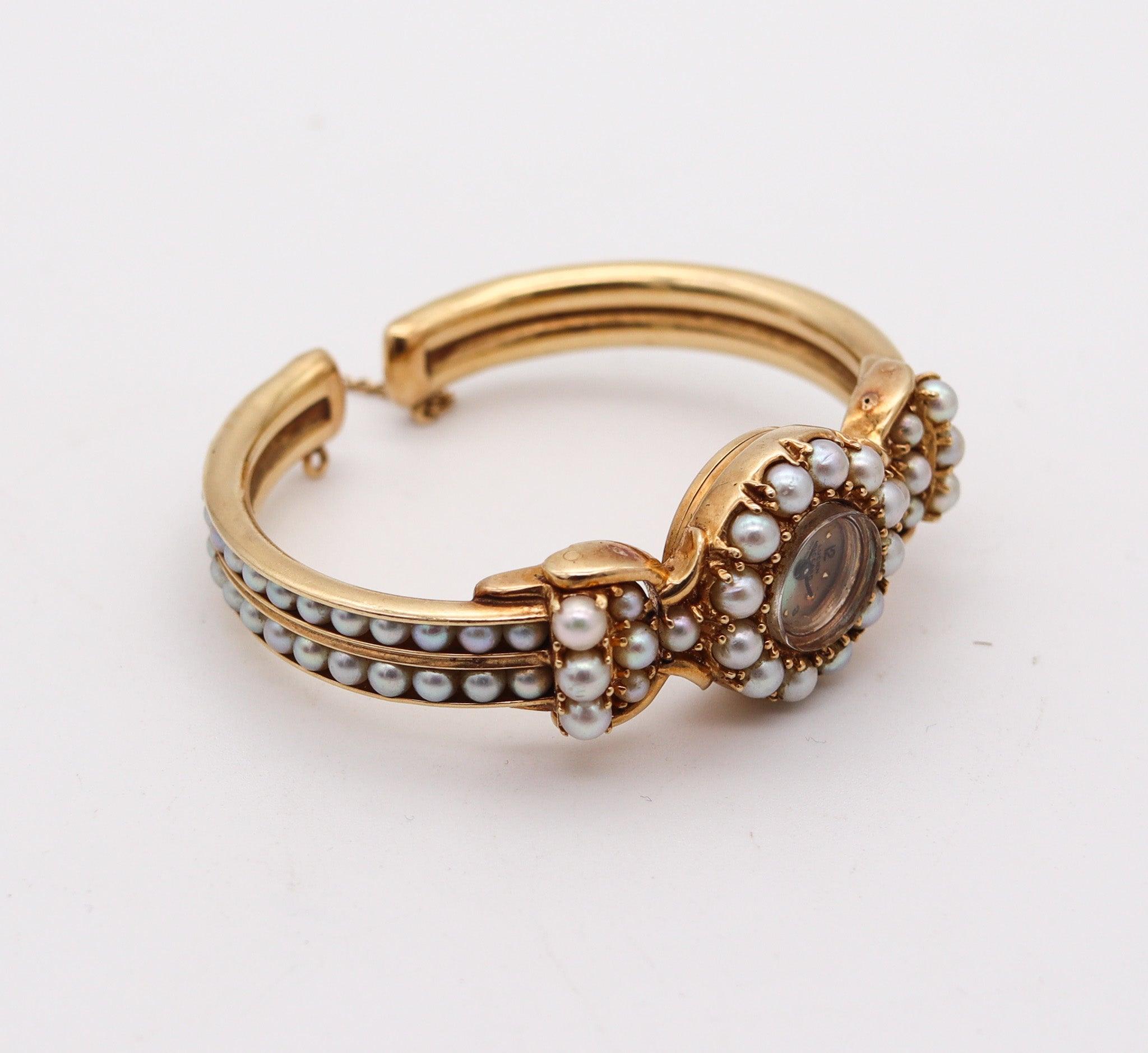 Round Cut LUCIEN PICCARD 1970 Cuff Wristwatch In 14Kt Yellow Gold With White Pearls For Sale