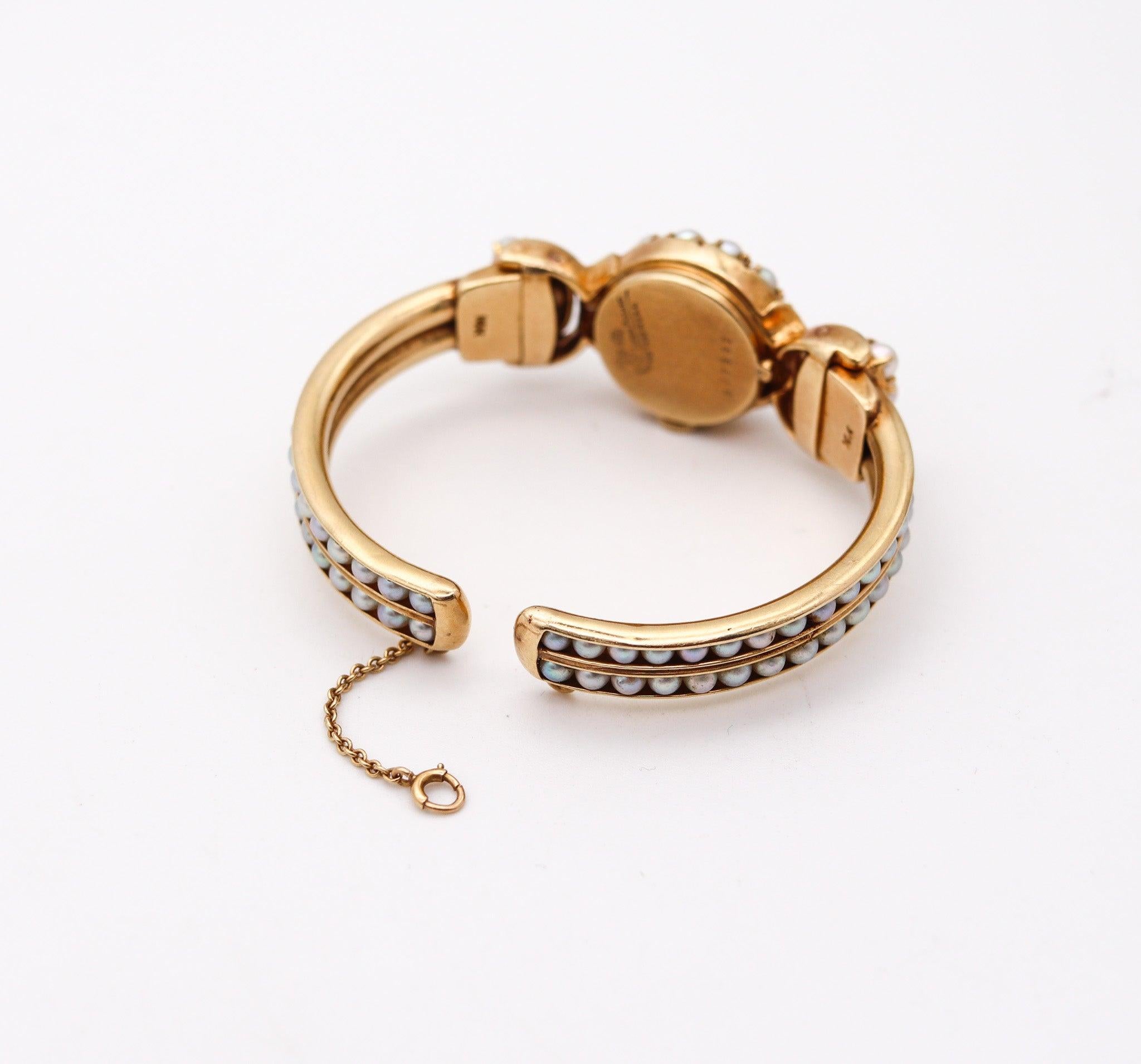LUCIEN PICCARD 1970 Cuff Wristwatch In 14Kt Yellow Gold With White Pearls In Excellent Condition For Sale In Miami, FL