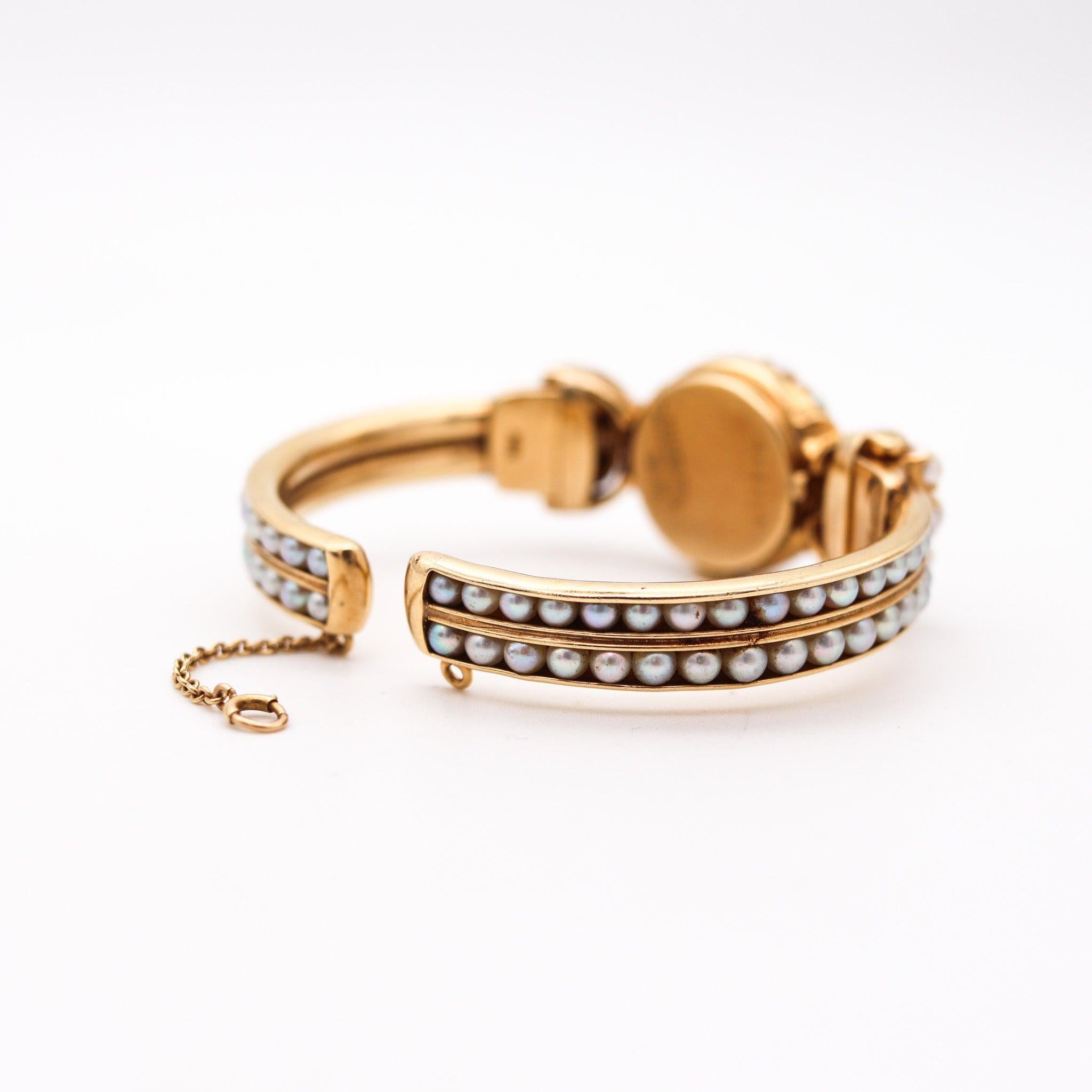Women's LUCIEN PICCARD 1970 Cuff Wristwatch In 14Kt Yellow Gold With White Pearls For Sale