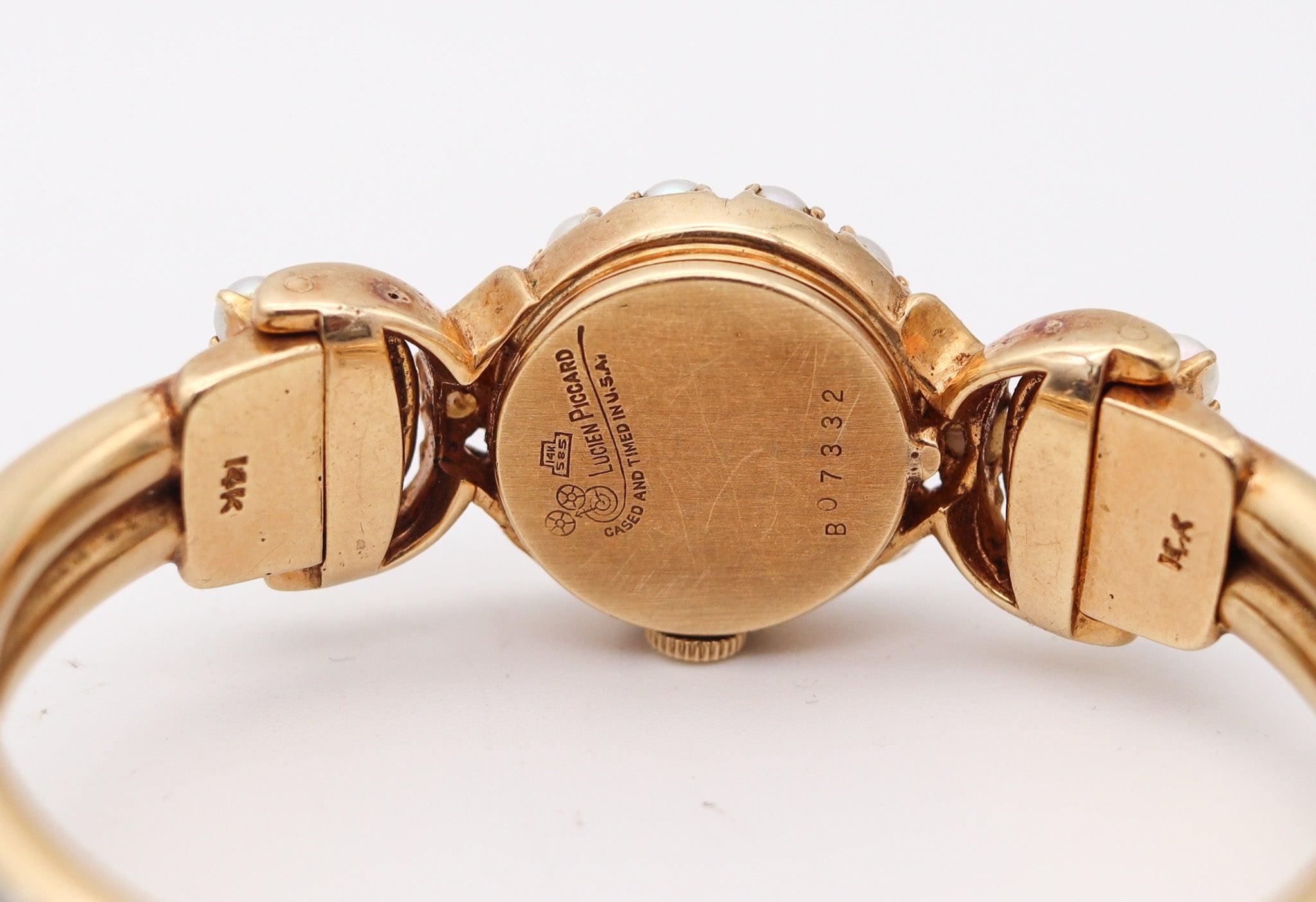 LUCIEN PICCARD 1970 Cuff Wristwatch In 14Kt Yellow Gold With White Pearls For Sale 1