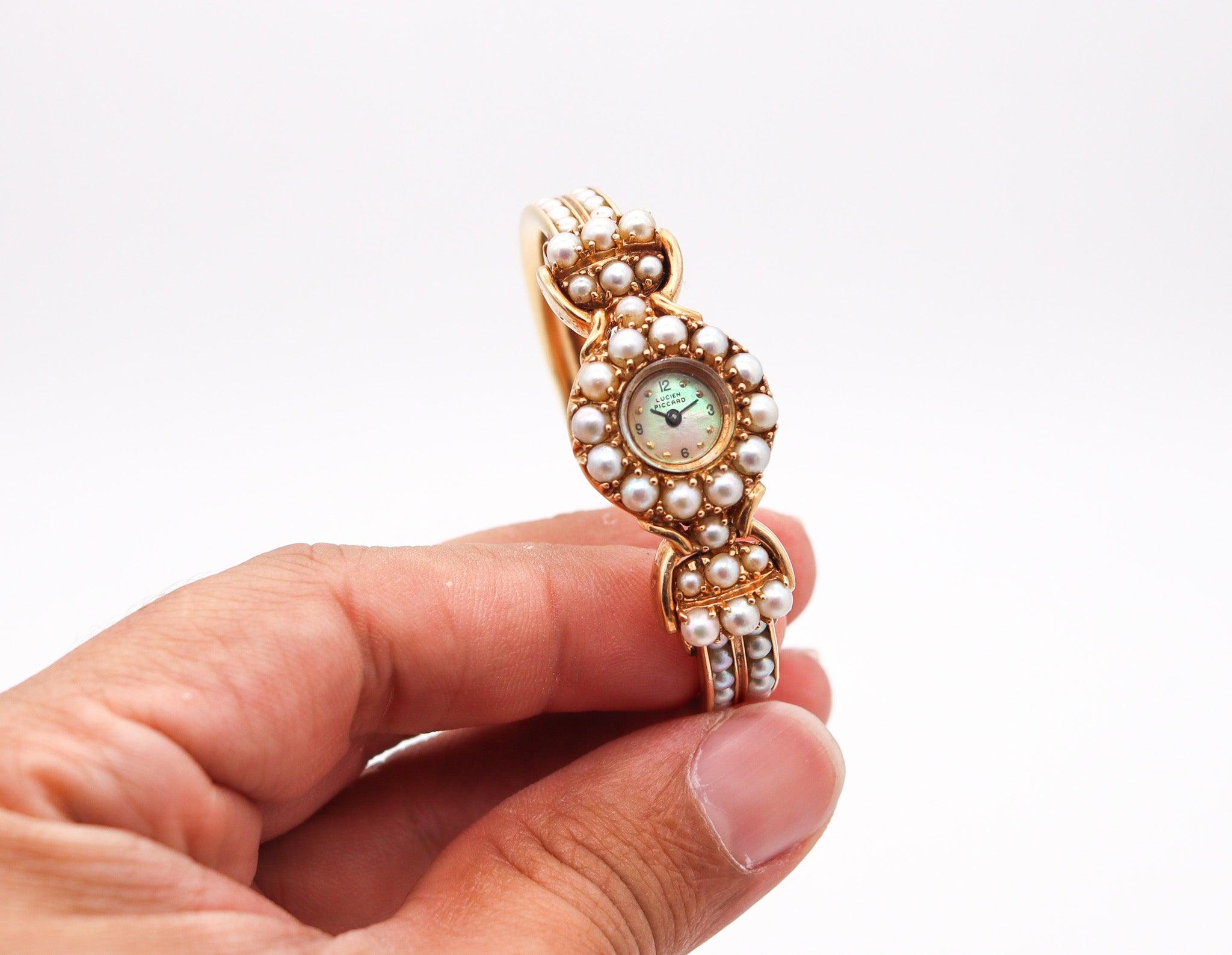 LUCIEN PICCARD 1970 Cuff Wristwatch In 14Kt Yellow Gold With White Pearls For Sale 2