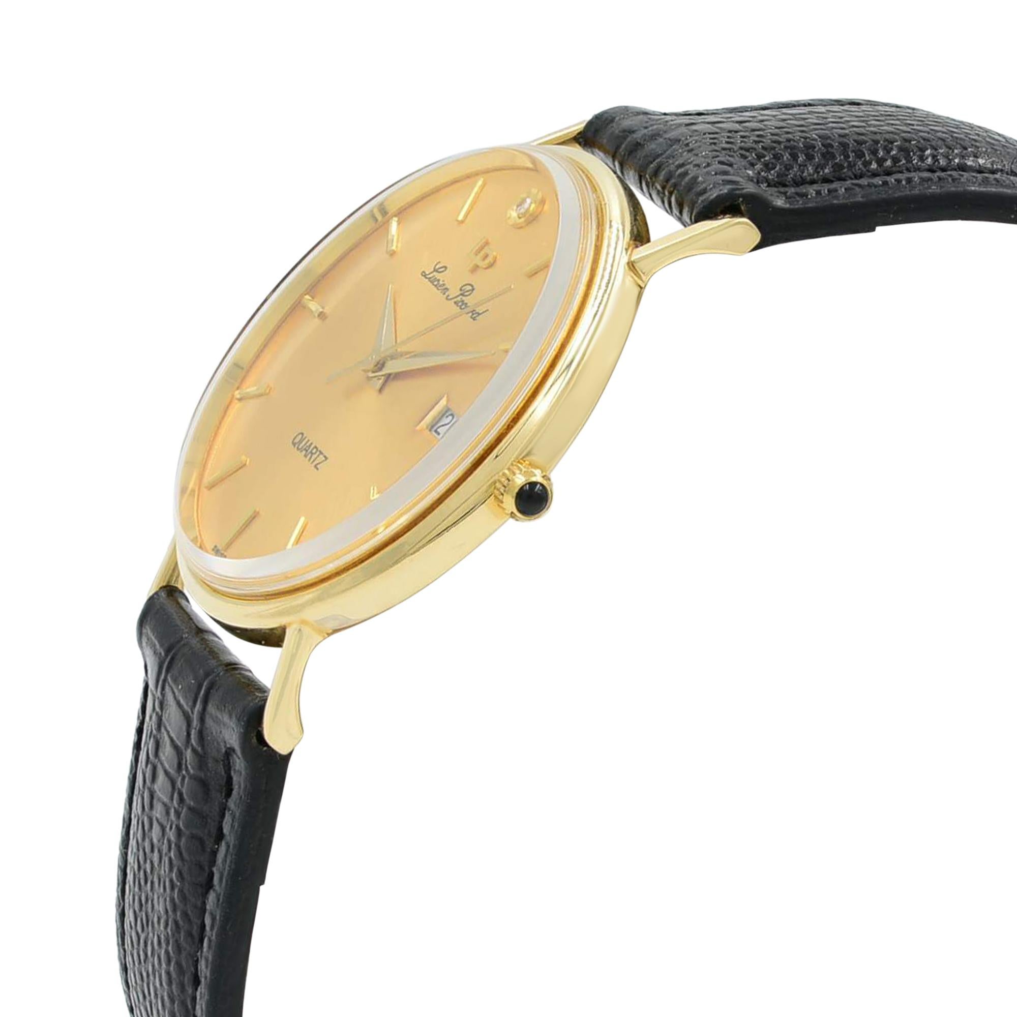 This pre-owned Lucien Piccard Vintage N/A is a beautiful men's timepiece that is powered by a quartz movement which is cased in a yellow gold case. It has a round shape face, date, diamonds dial and has hand sticks style markers. It is completed