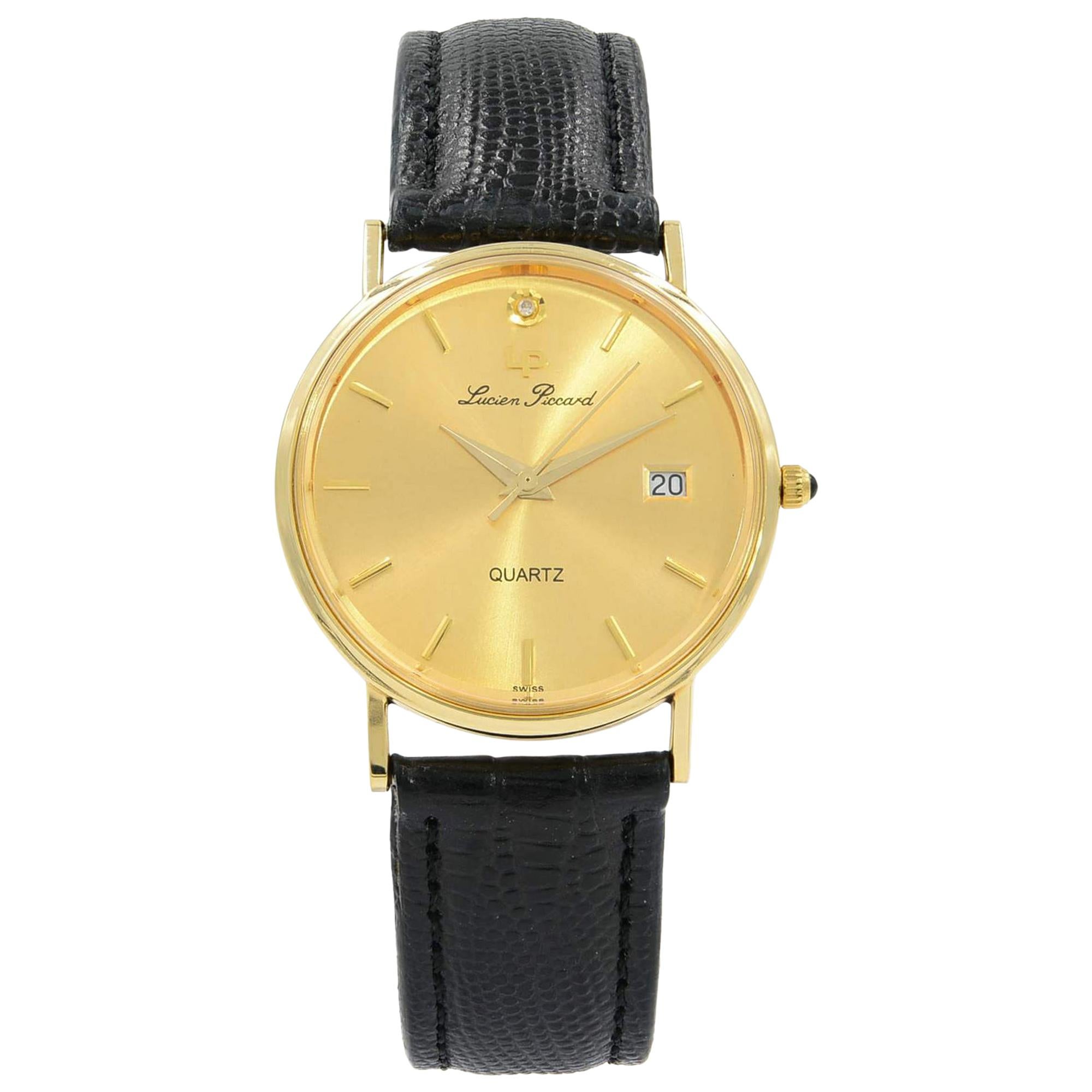 Lucien Piccard 14 Karat Yellow Gold Leather Swiss Quartz Men's Watch