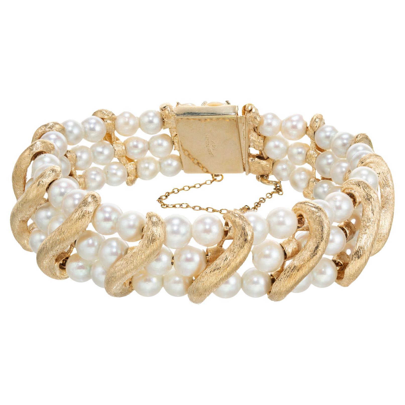 Lucien Piccard Cultured Pearl Yellow Gold Three Row Bracelet
