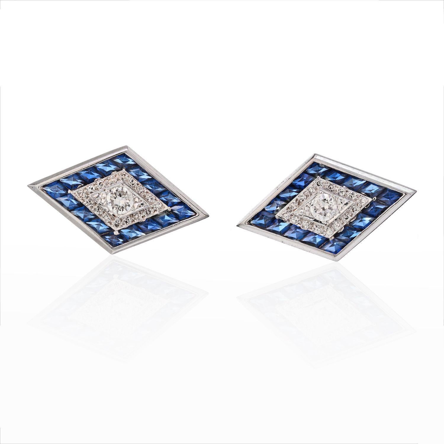 Large 14k white gold cufflinks, crafted by Lucien Piccard, decorated with blue sapphires and approximately diamonds. Top of the cufflink measures 34mm x 20mm. 
Marked Lucien Piccard 14kt. Weight - 17 grams